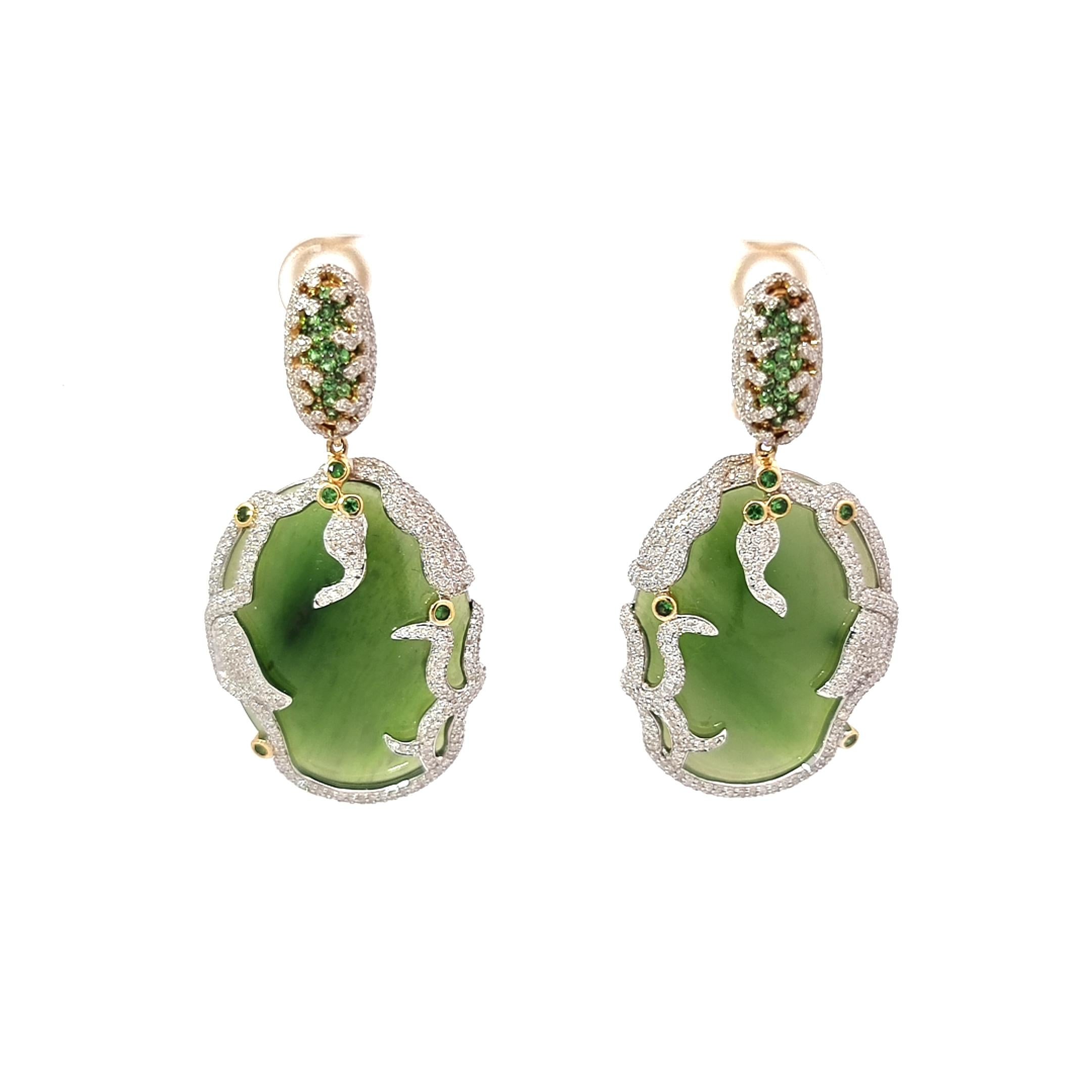 Round Cut Yellow Gold Earrings in 18K with White Diamonds, Jade, and Tsavorites For Sale