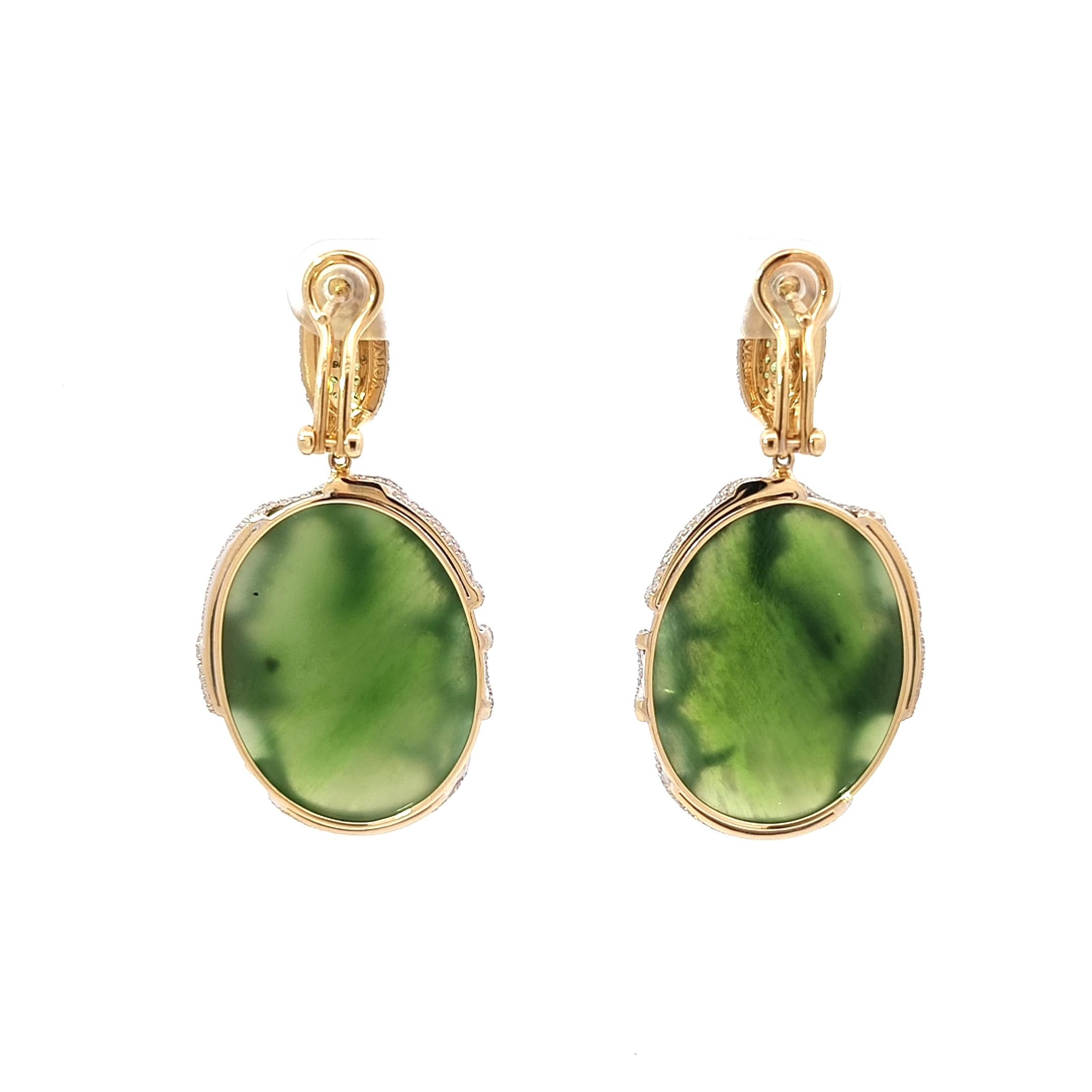 Women's Yellow Gold Earrings in 18K with White Diamonds, Jade, and Tsavorites For Sale