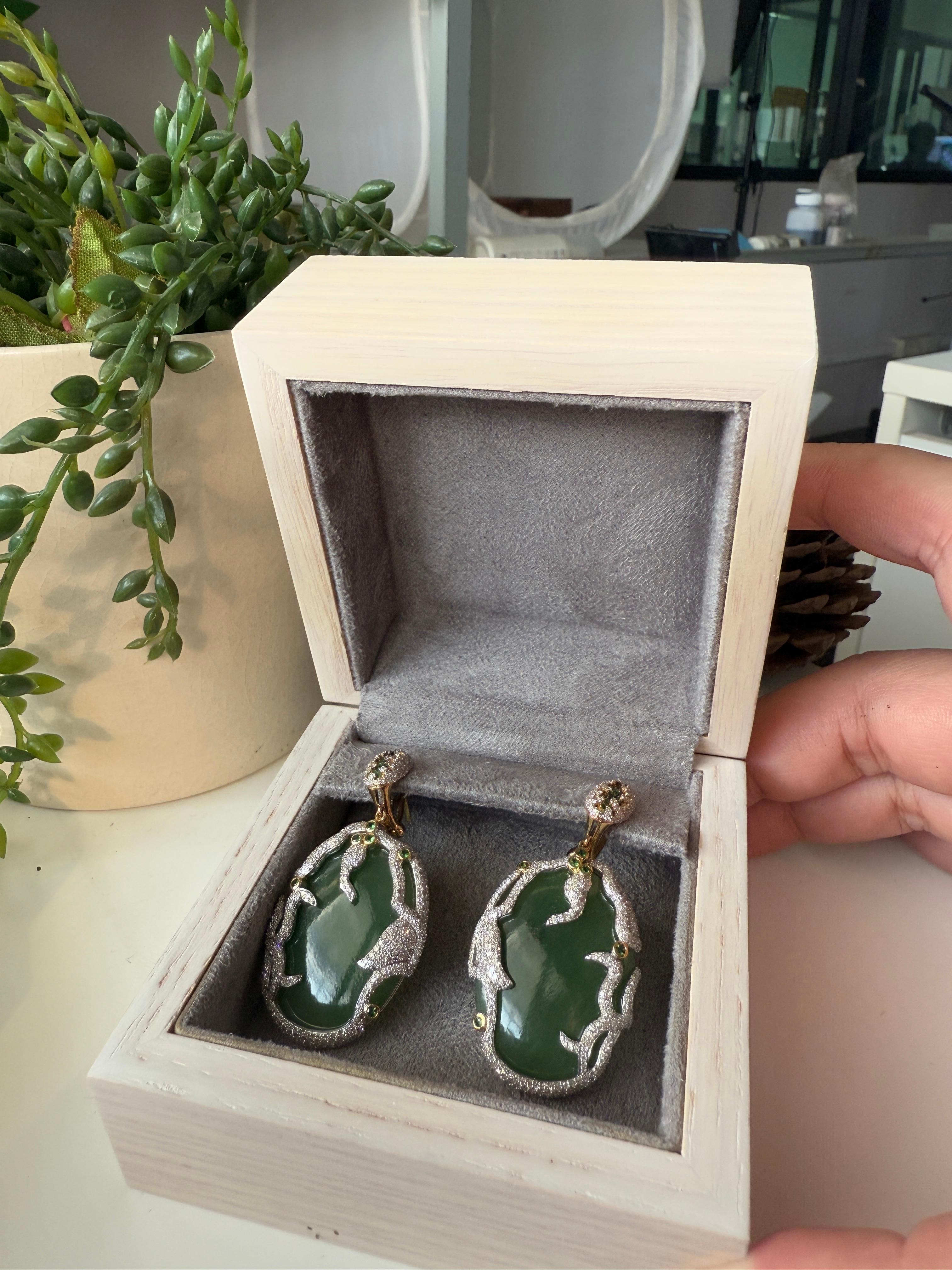 Yellow Gold Earrings in 18K with White Diamonds, Jade, and Tsavorites For Sale 2