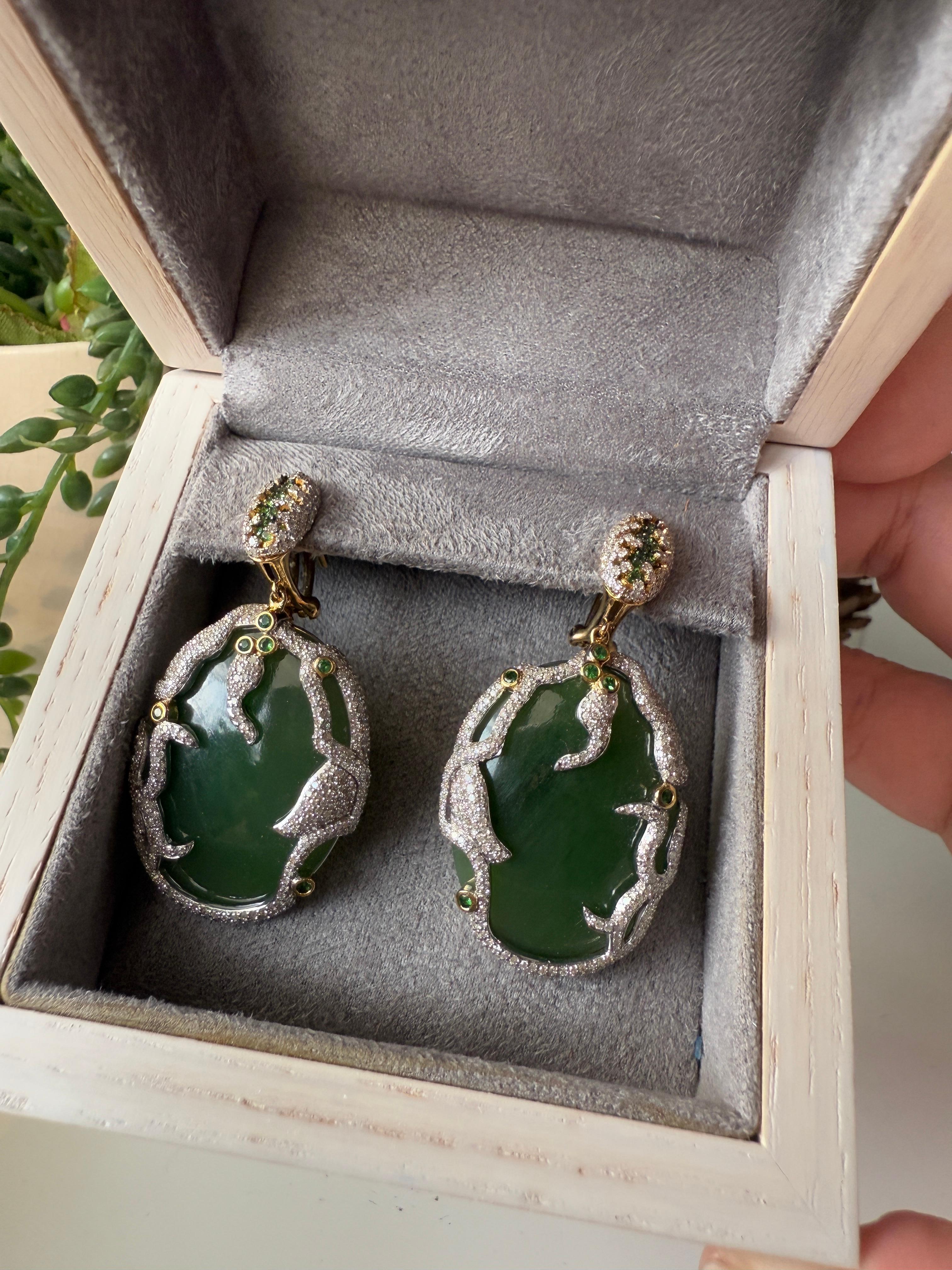 Yellow Gold Earrings in 18K with White Diamonds, Jade, and Tsavorites For Sale 3