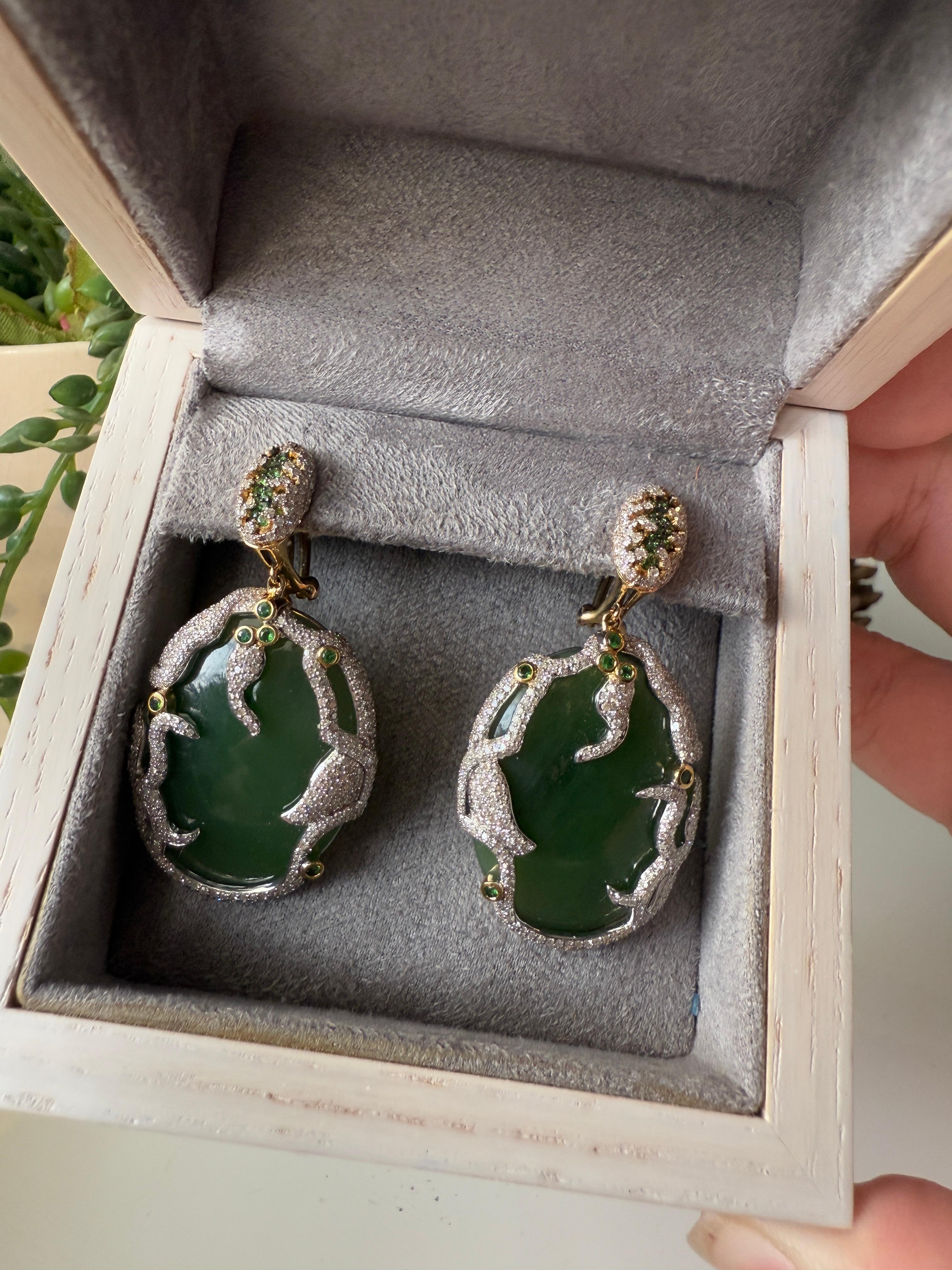 Yellow Gold Earrings in 18K with White Diamonds, Jade, and Tsavorites For Sale 4