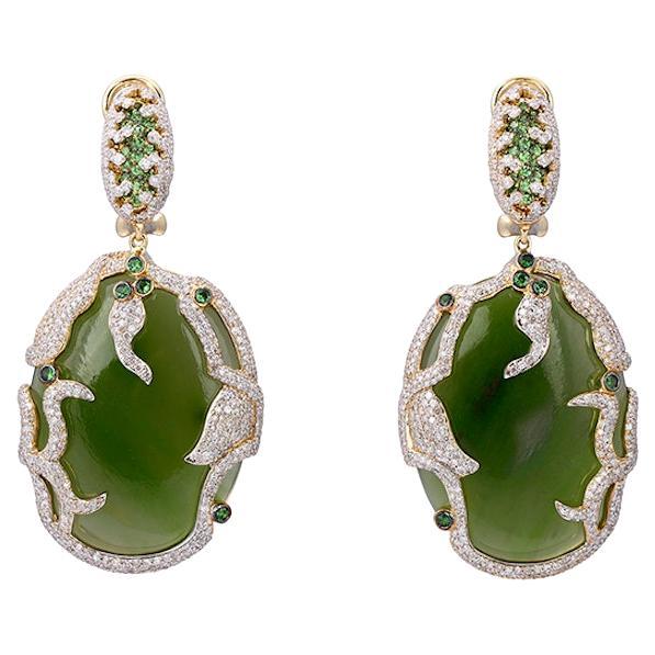 Yellow Gold Earrings in 18K with White Diamonds, Jade, and Tsavorites