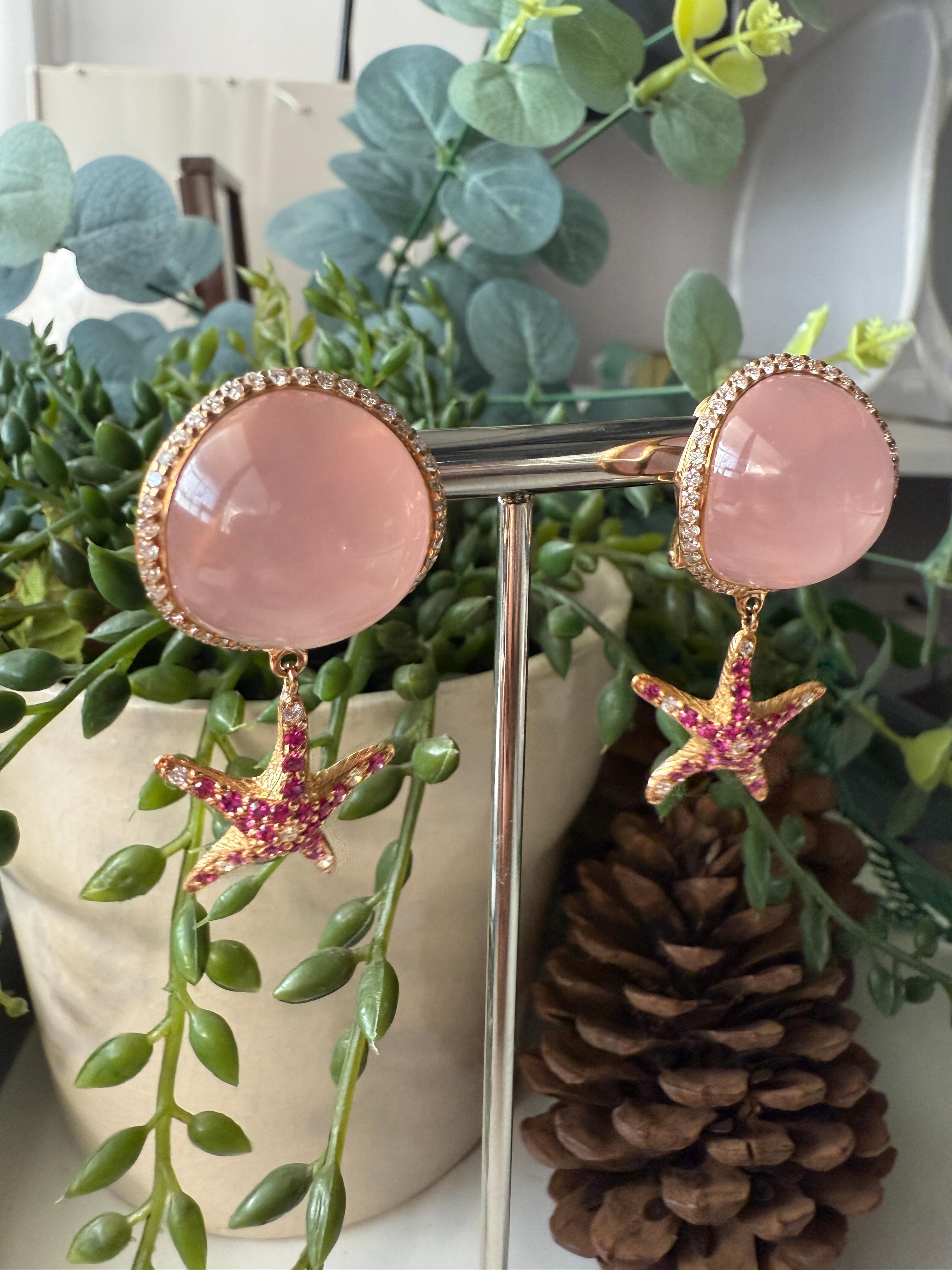 Yellow Gold Earrings with Diamond and Pink Quartz Cabochon and Pink Sapphires For Sale 6
