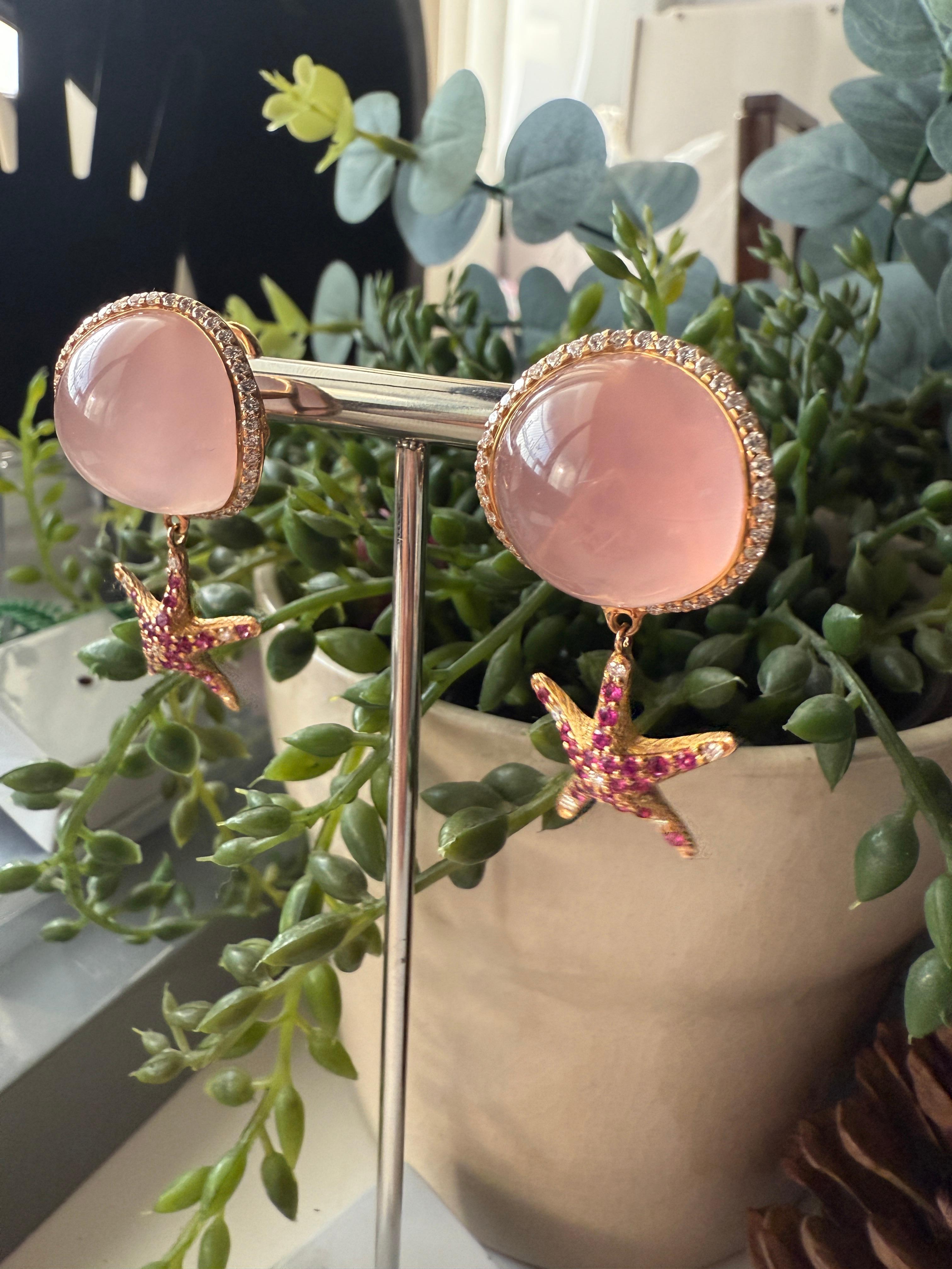 Yellow Gold Earrings with Diamond and Pink Quartz Cabochon and Pink Sapphires For Sale 7