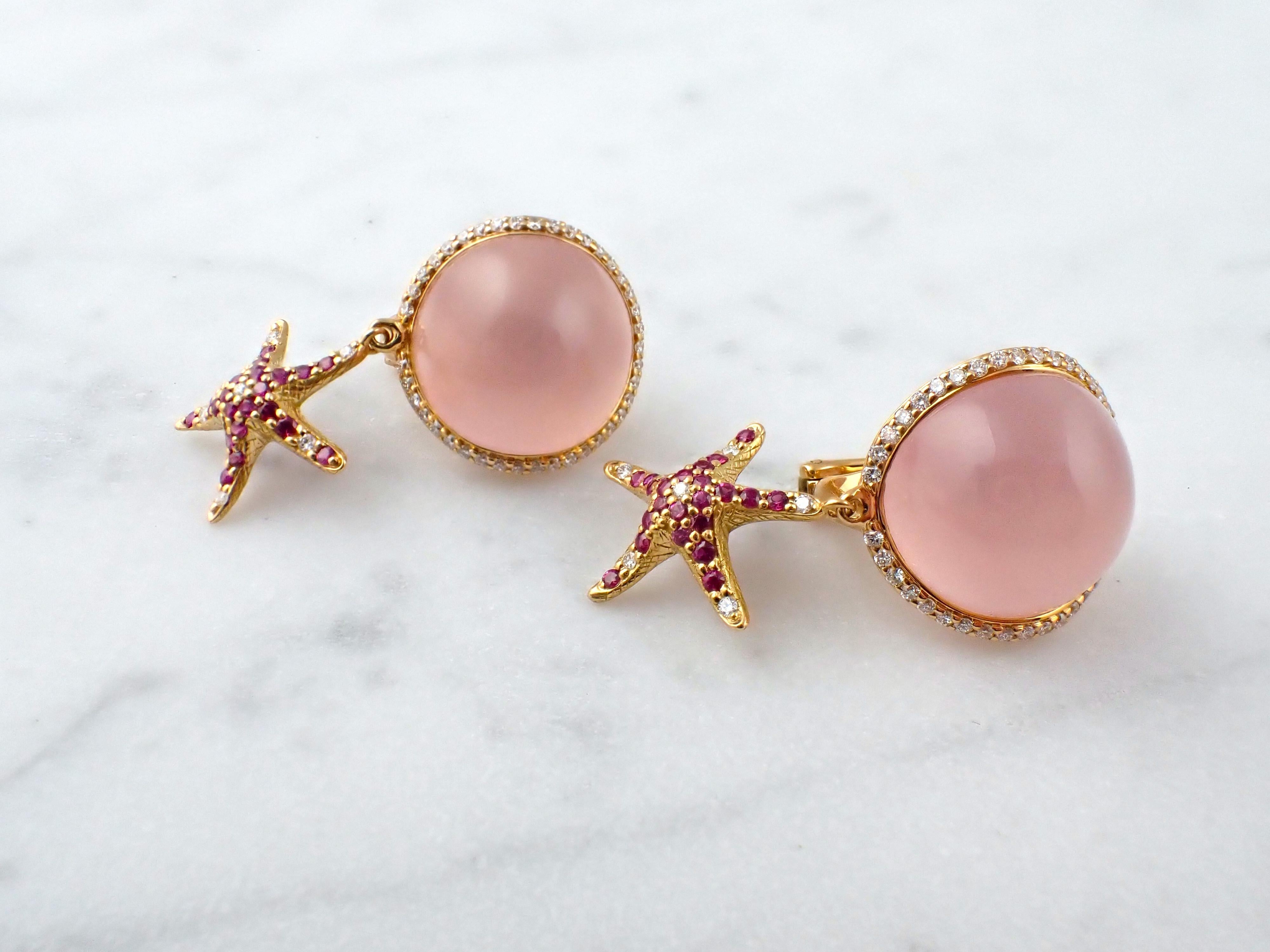 Yellow Gold Earrings with Diamond and Pink Quartz Cabochon and Pink Sapphires For Sale 8