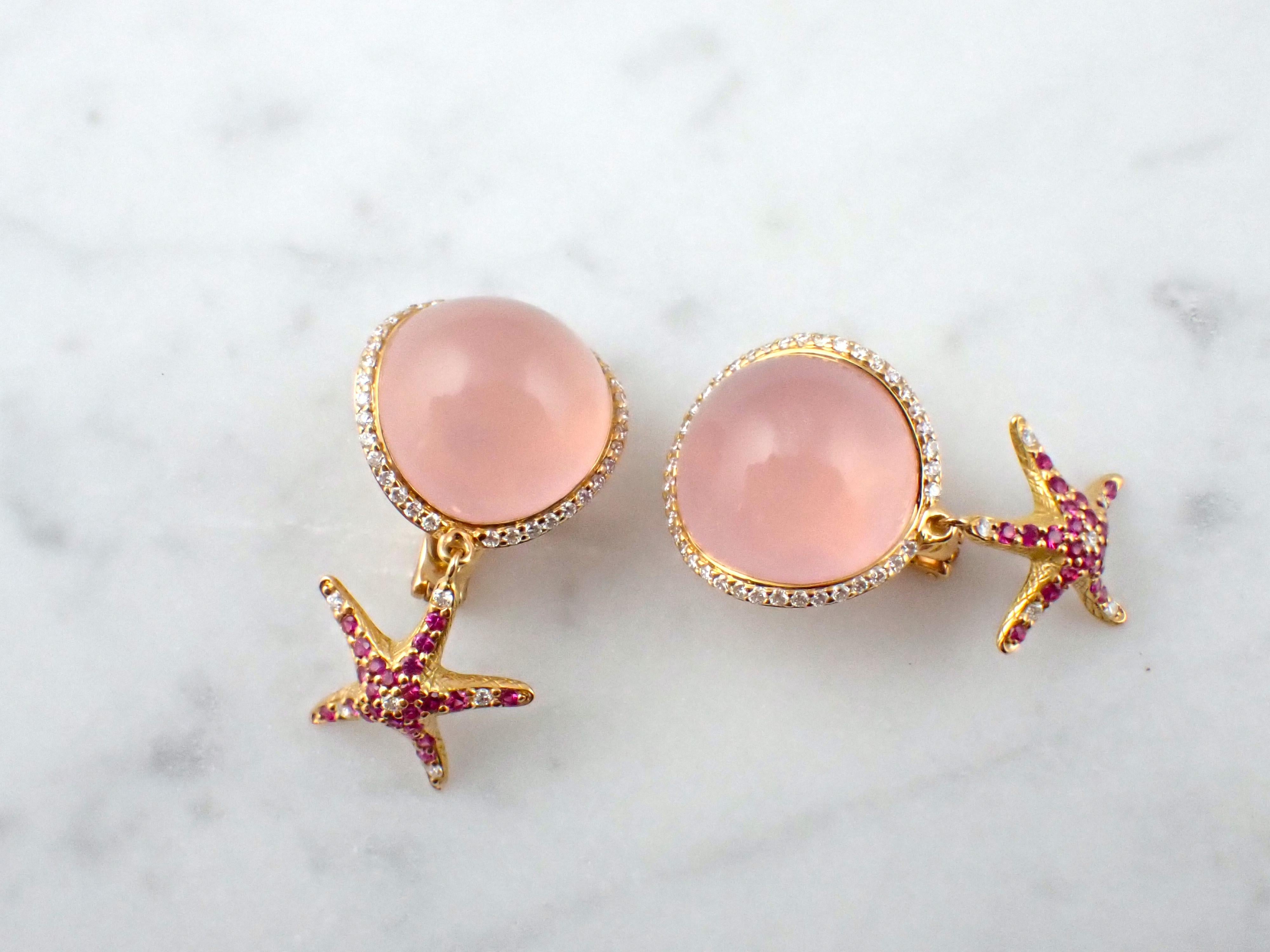 Yellow Gold Earrings with Diamond and Pink Quartz Cabochon and Pink Sapphires For Sale 9