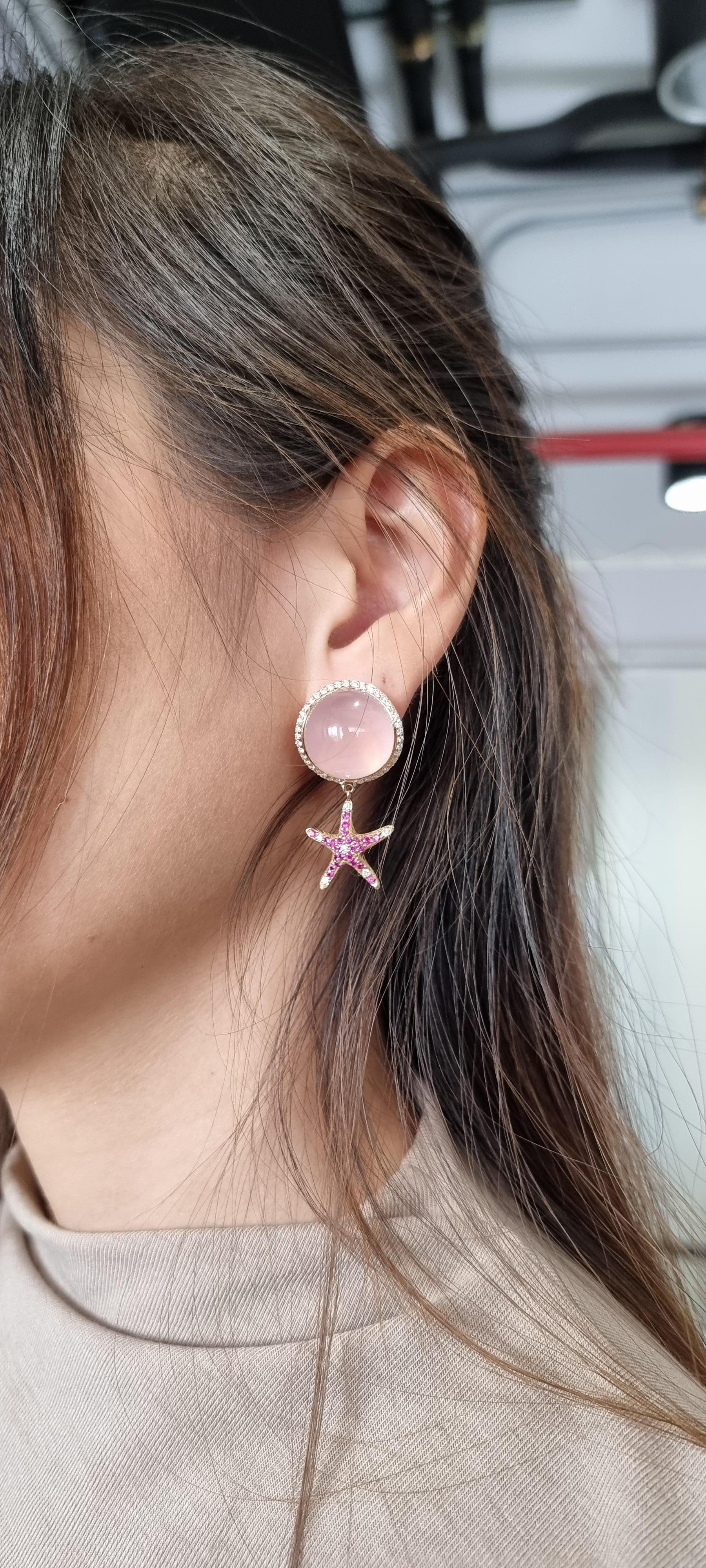 Yellow Gold Earrings with Diamond and Pink Quartz Cabochon and Pink Sapphires For Sale 10