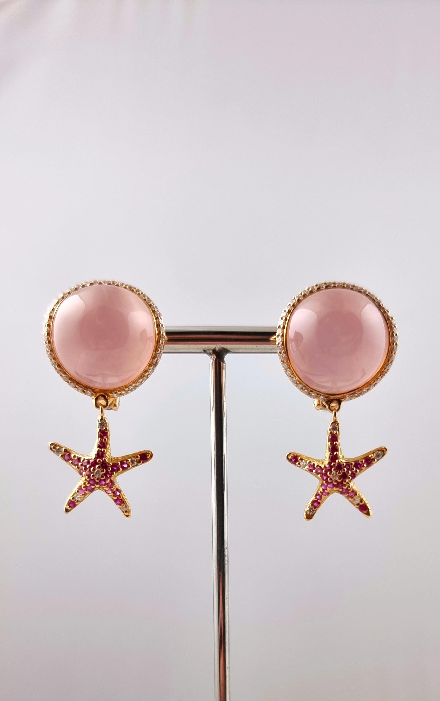 Yellow Gold Earrings with Diamond and Pink Quartz Cabochon and Pink Sapphires For Sale 11