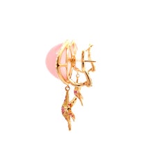 Yellow Gold Earrings with Diamond and Pink Quartz Cabochon and Pink Sapphires