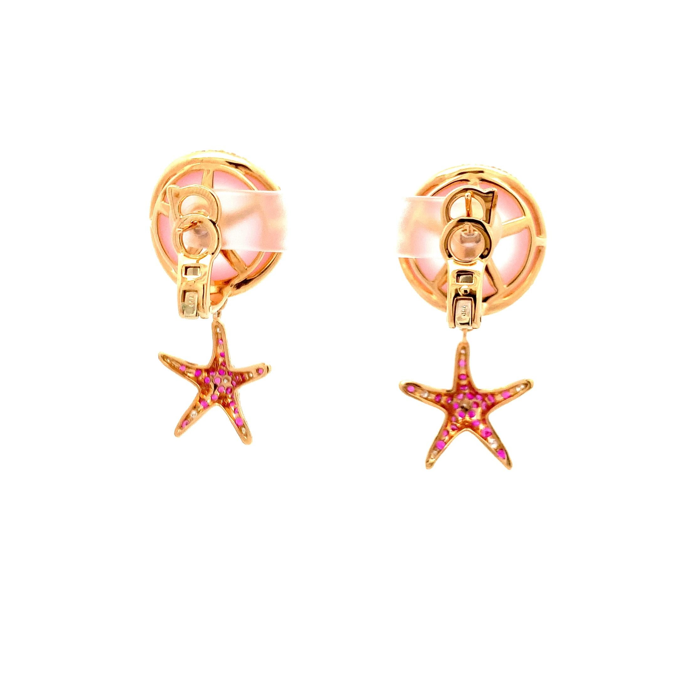Yellow Gold Earrings with Diamond and Pink Quartz Cabochon and Pink Sapphires In New Condition For Sale In ประเวศ, TH