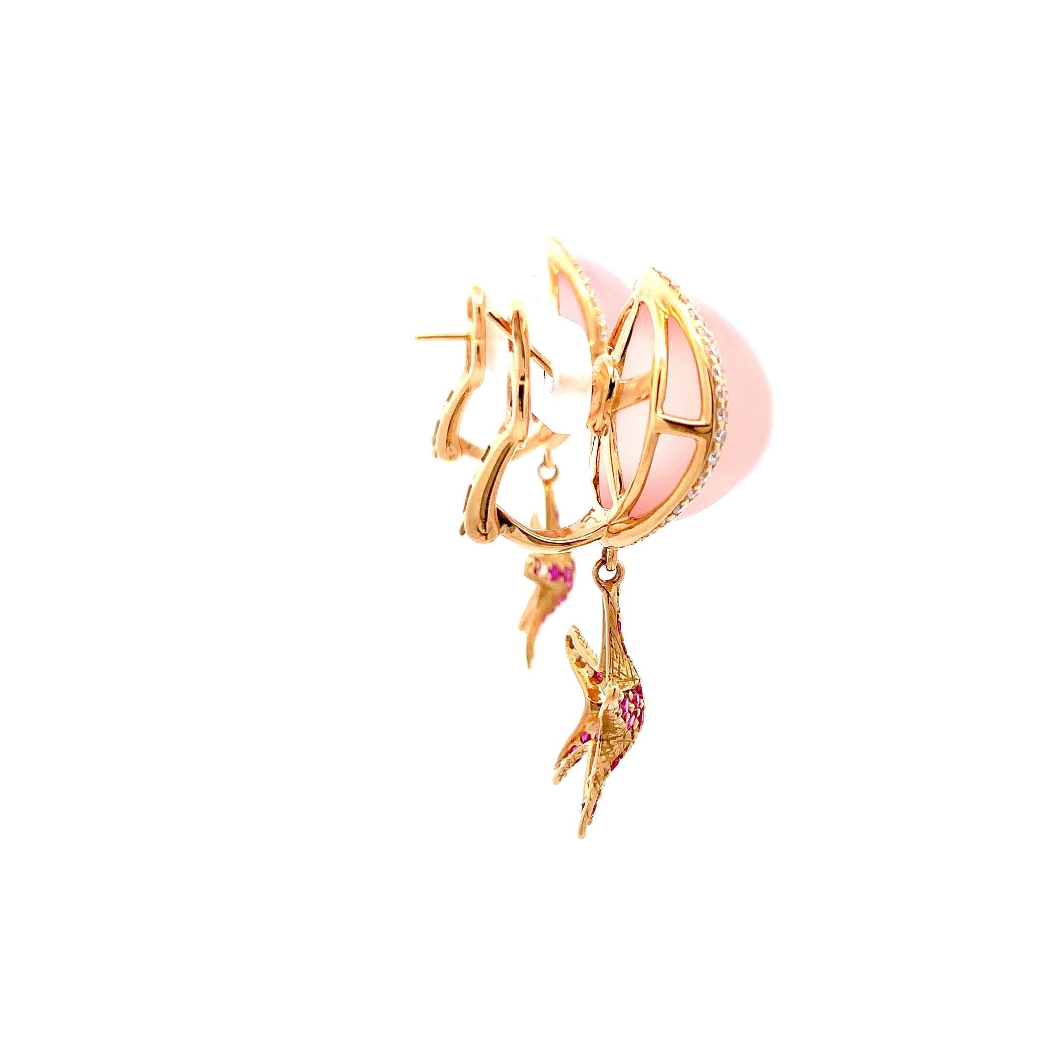 Women's Yellow Gold Earrings with Diamond and Pink Quartz Cabochon and Pink Sapphires For Sale
