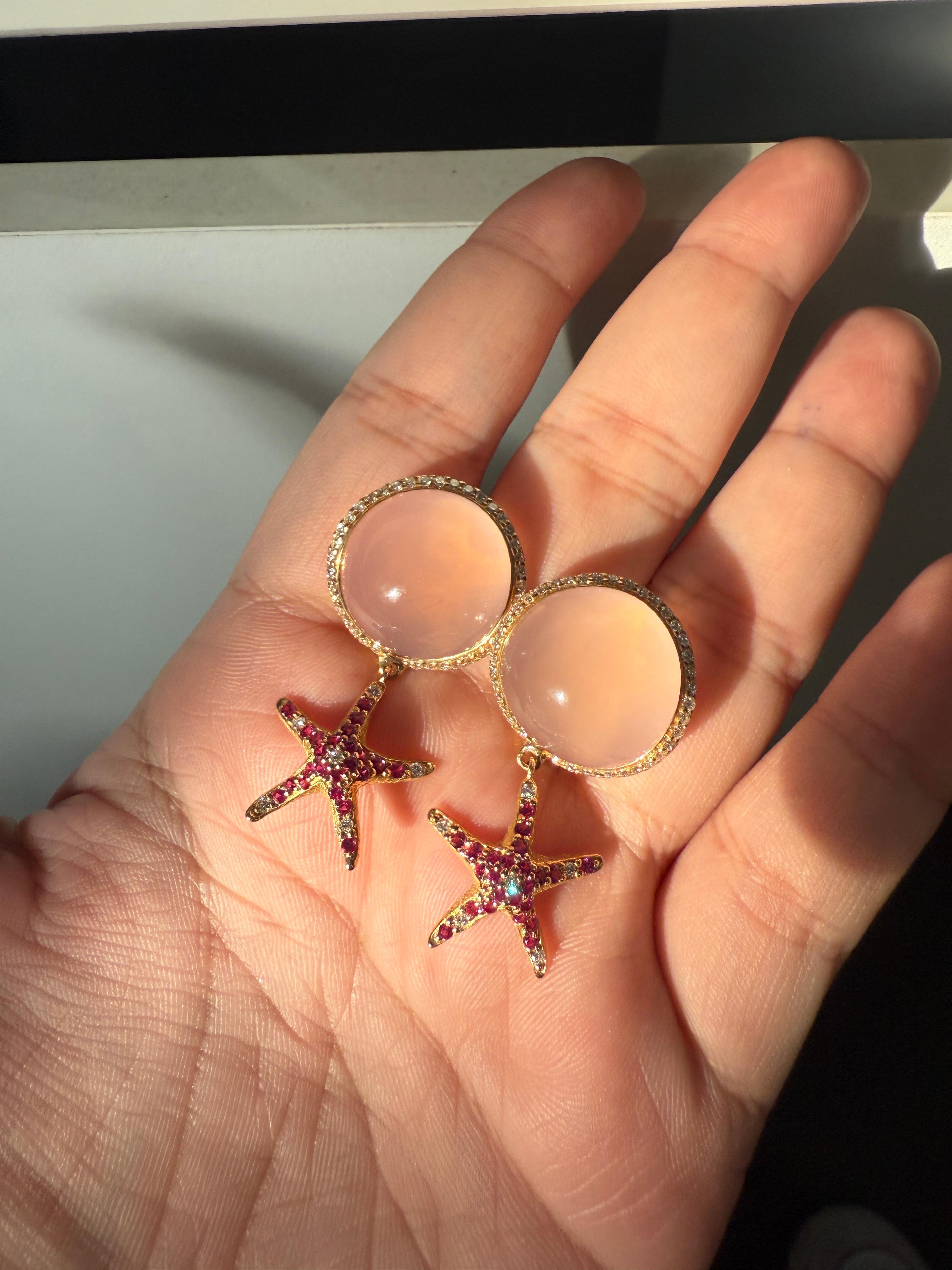 Yellow Gold Earrings with Diamond and Pink Quartz Cabochon and Pink Sapphires For Sale 1