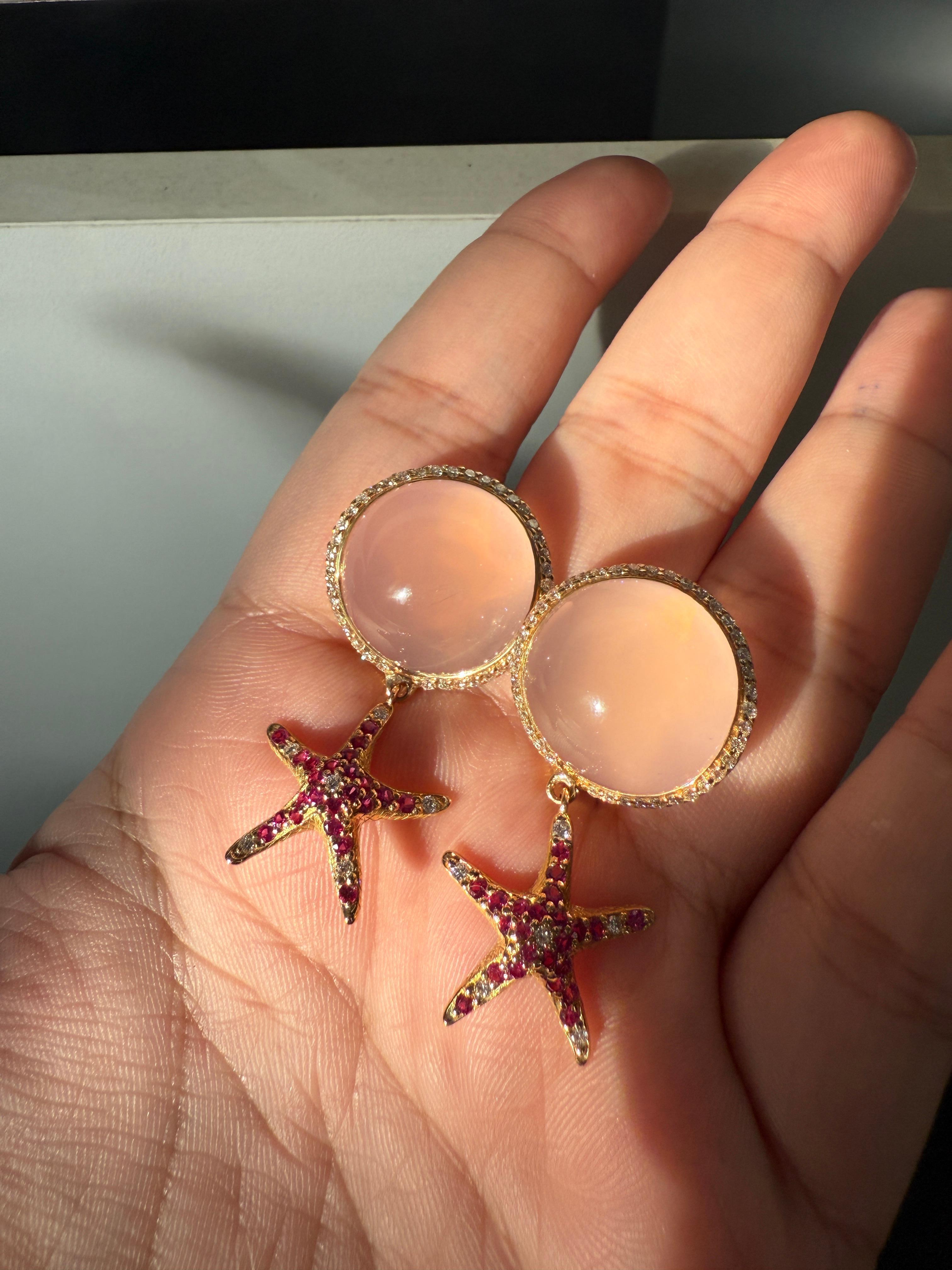 Yellow Gold Earrings with Diamond and Pink Quartz Cabochon and Pink Sapphires For Sale 2
