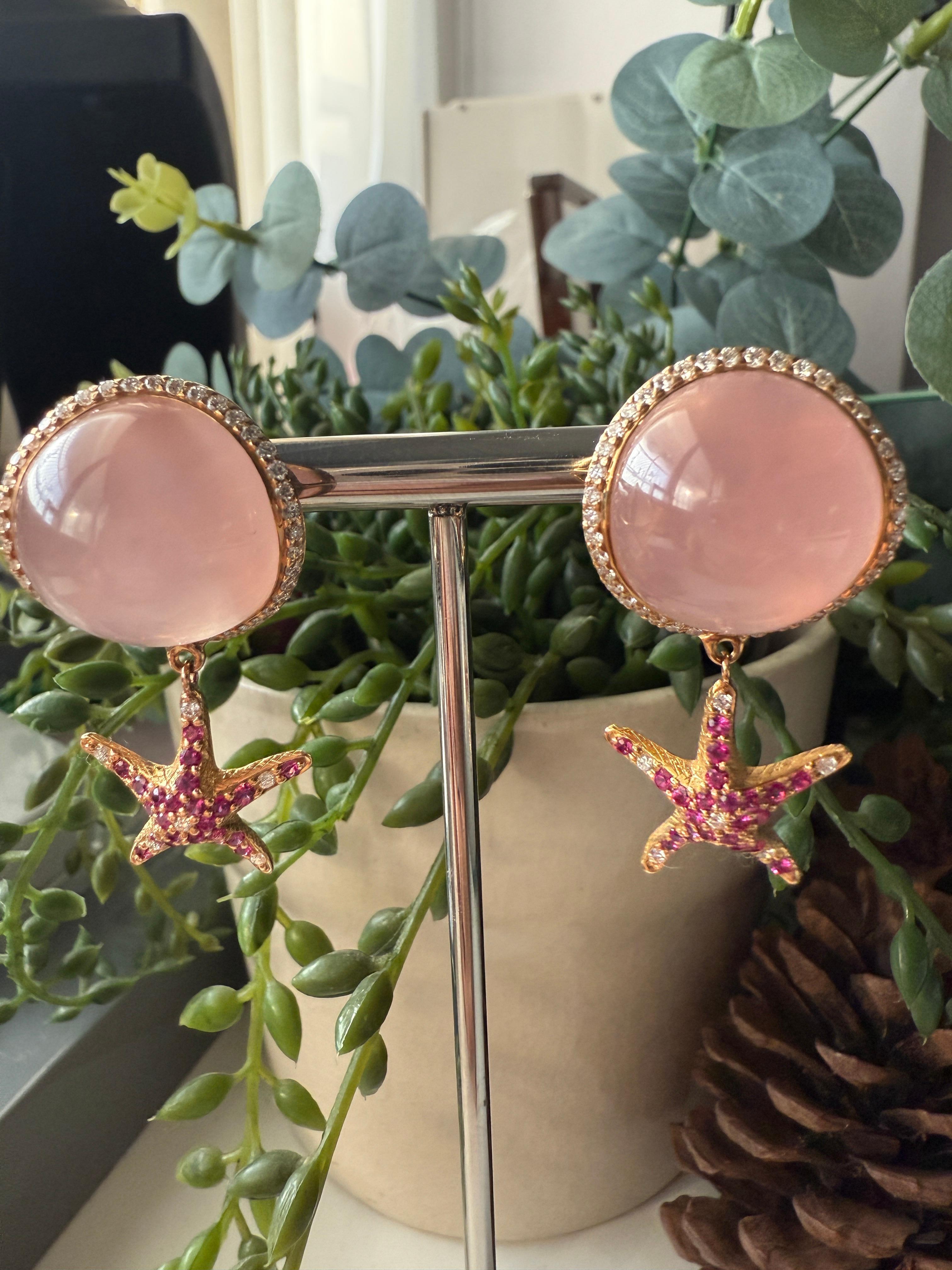 Yellow Gold Earrings with Diamond and Pink Quartz Cabochon and Pink Sapphires For Sale 4