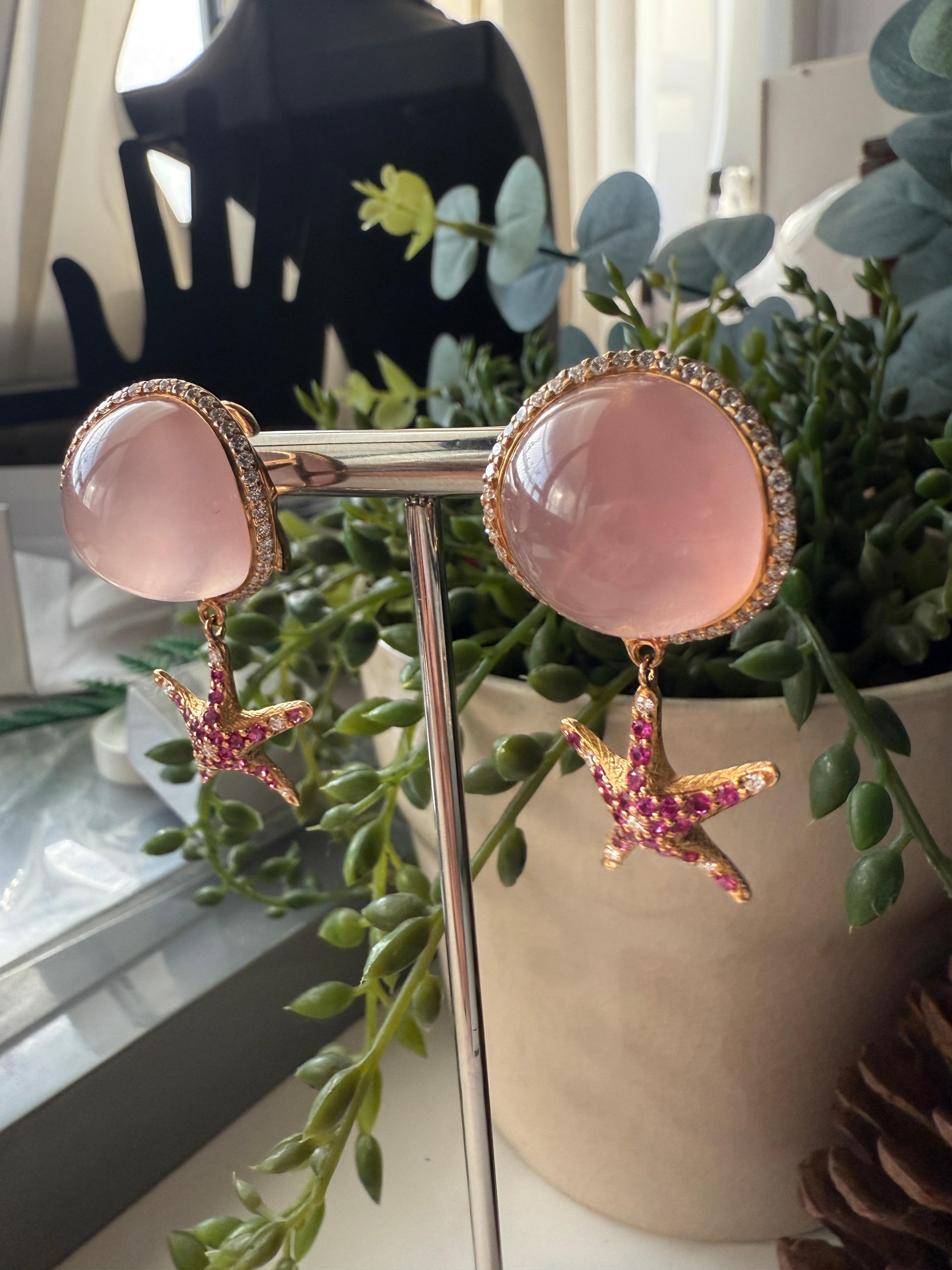 Yellow Gold Earrings with Diamond and Pink Quartz Cabochon and Pink Sapphires For Sale 5