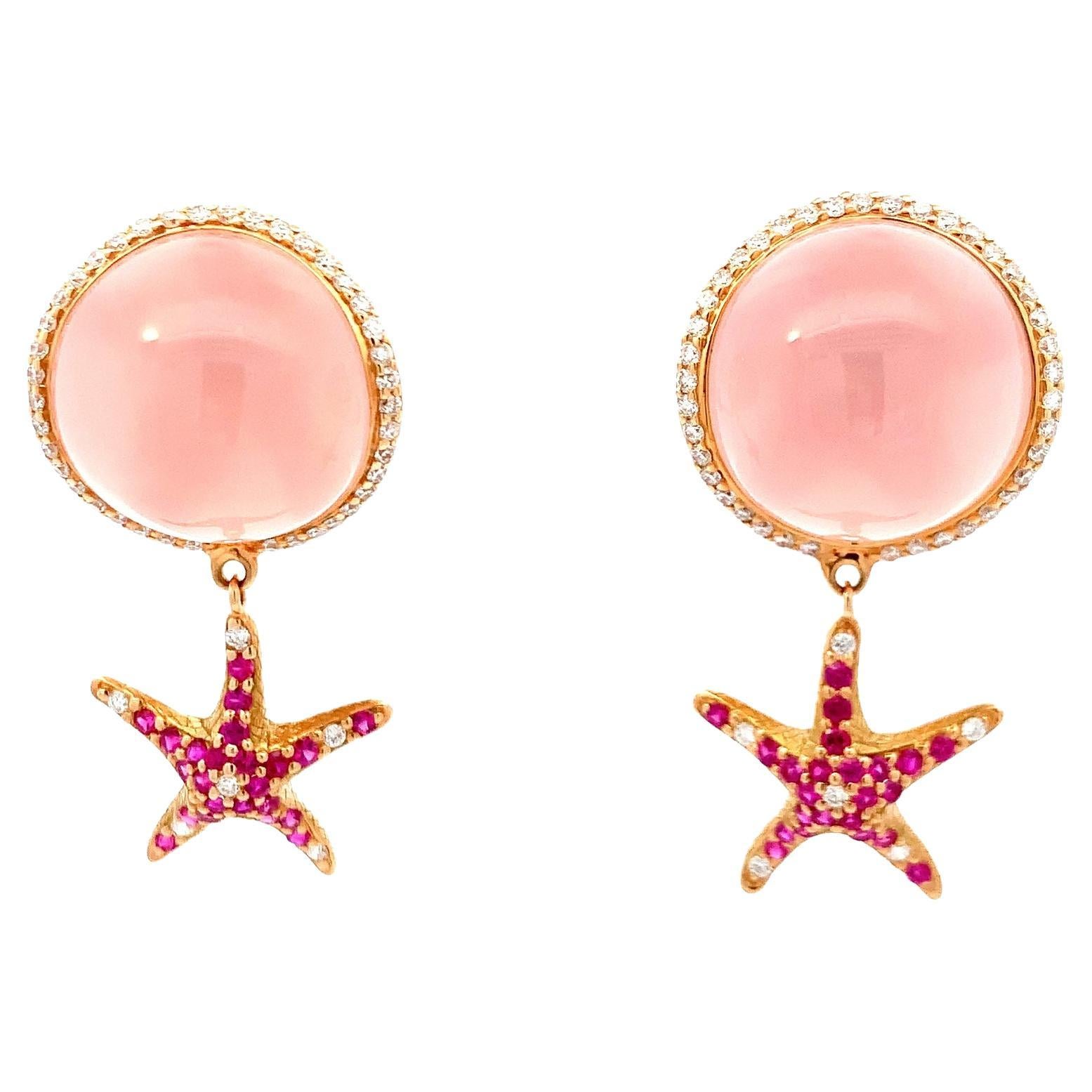 Yellow Gold Earrings with Diamond and Pink Quartz Cabochon and Pink Sapphires For Sale