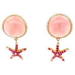 Yellow Gold Earrings with Diamond and Pink Quartz Cabochon and Pink Sapphires