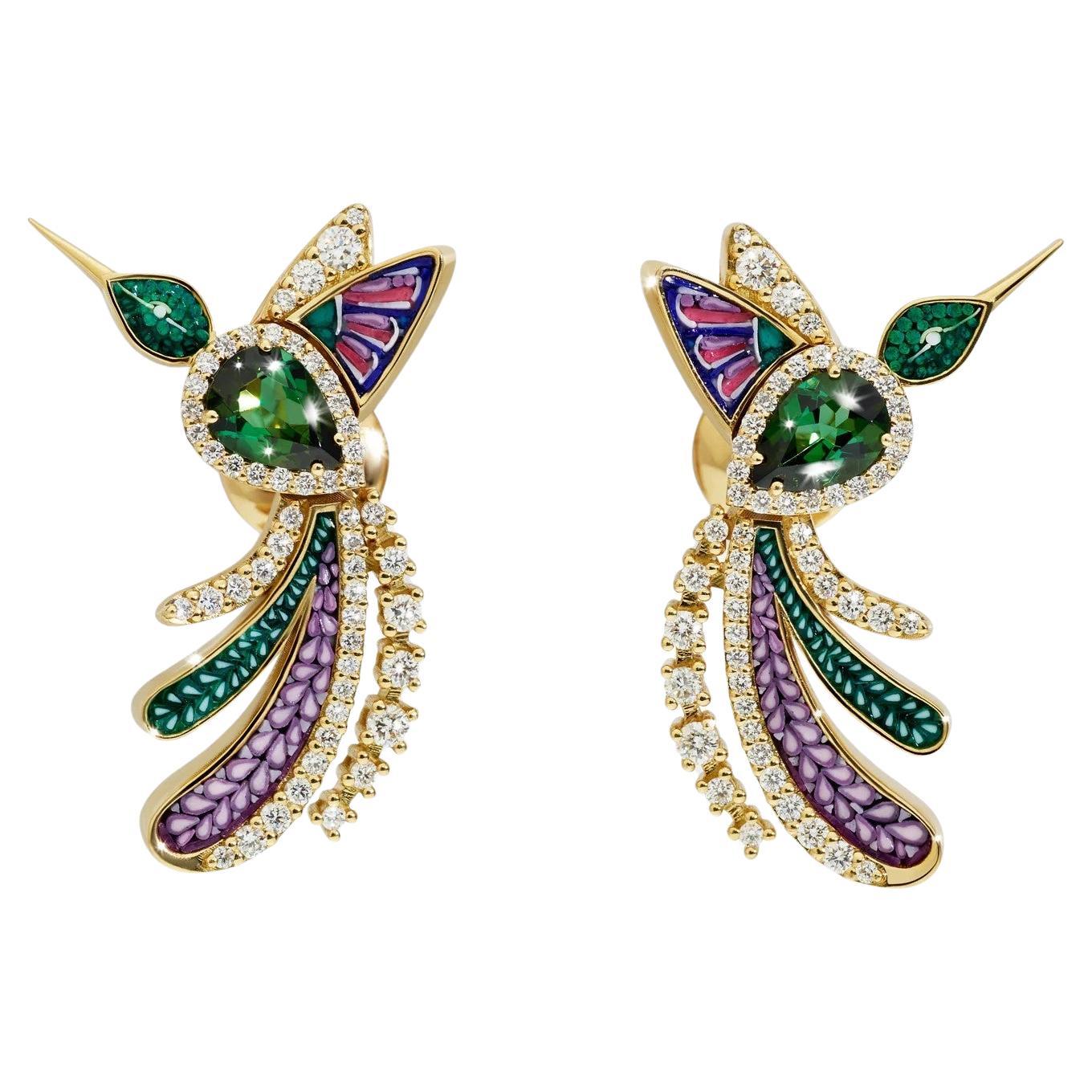 Yellow Gold Earrings with Green Tourmaline, White Diamonds and Micromosaic