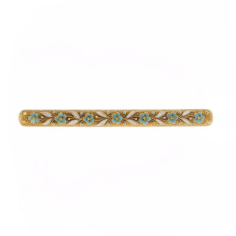 Era: Edwardian
Date: 1900s - 1910s

Metal Content: 14k Yellow Gold

Material Information

Material: Enamel
Color: Blue & White

Style: Bar Brooch
Fastening Type: Hinged Pin and Locking C-Clasp
Theme: Flower Garland

Measurements

Tall: 1/4