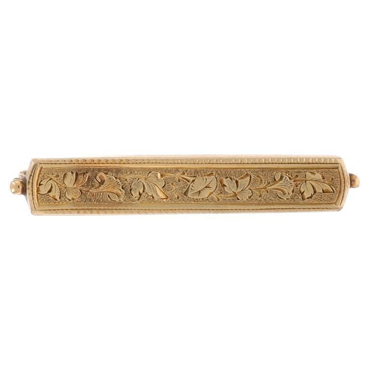 Yellow Gold Edwardian Ivy Vine Bar Brooch - 14k Antique Pin For Sale