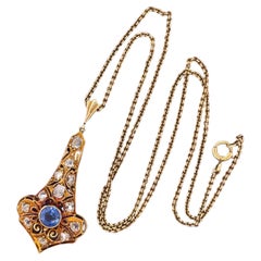 Yellow Gold Edwardian Sapphire & Old Miner Cut Diamond Pendant & Chain