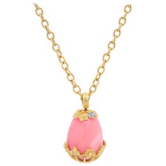 Yellow Gold Egg Shape Pendant with Pink Peruvian Opal and Diamonds Stambolian