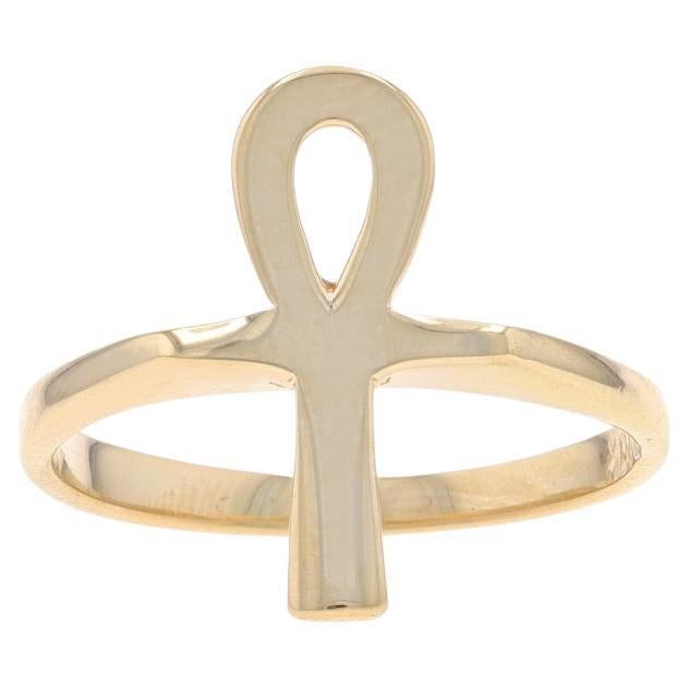 Yellow Gold Egyptian Ankh Statement Ring - 10k Life Faith Hieroglyph For Sale