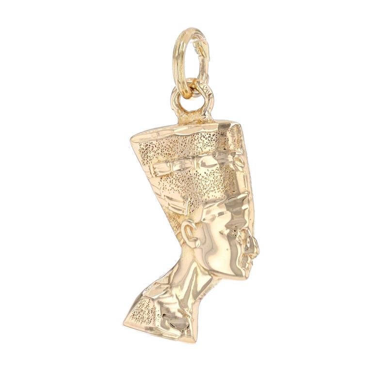 Metal Content: 18k Yellow Gold

Theme: Egyptian Queen, Nefertiti
Features: Hollow construction for comfortable, all-day wear with smooth, etched,  & textured finishes

Measurements
Tall (from stationary bail): 29/32