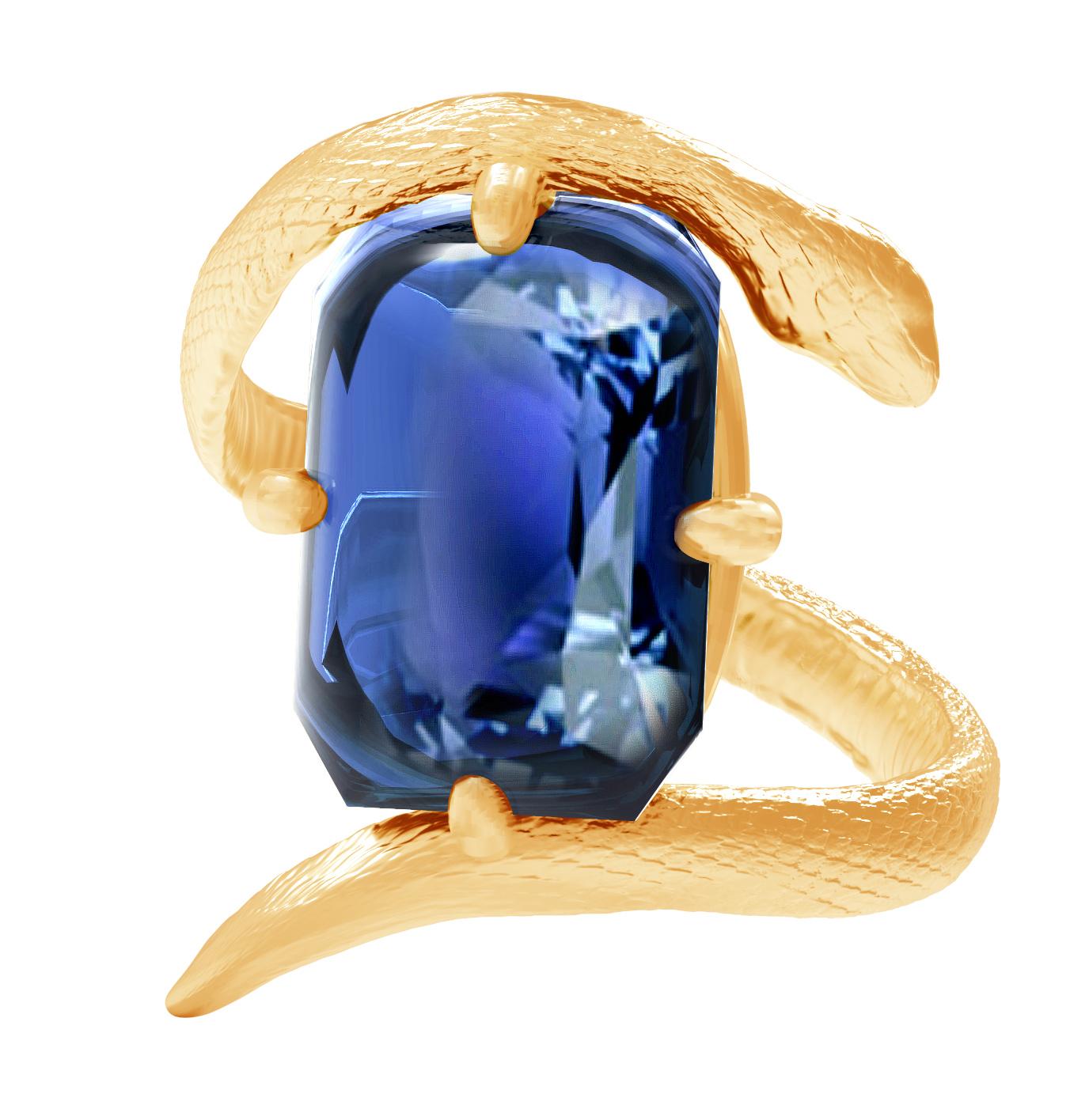 Dieser zeitgenössische ägyptische Revival-Ring ist aus 18 Karat Gelbgold mit einem natürlichen, ungeheizten, vom französischen Gemischten Laboratorium zertifizierten blauen Saphir von 7,54 Karat, 11,16x10,7x6,42 mm, Kissenschliff. Es gehört zur
