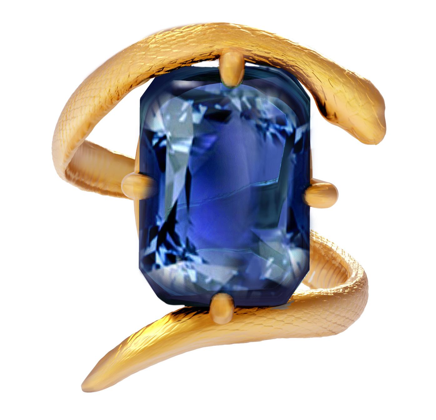Yellow Gold Egyptian Revival Ring with Natural FGL Cert. 7, 54 Cts Blue Sapphire For Sale 1