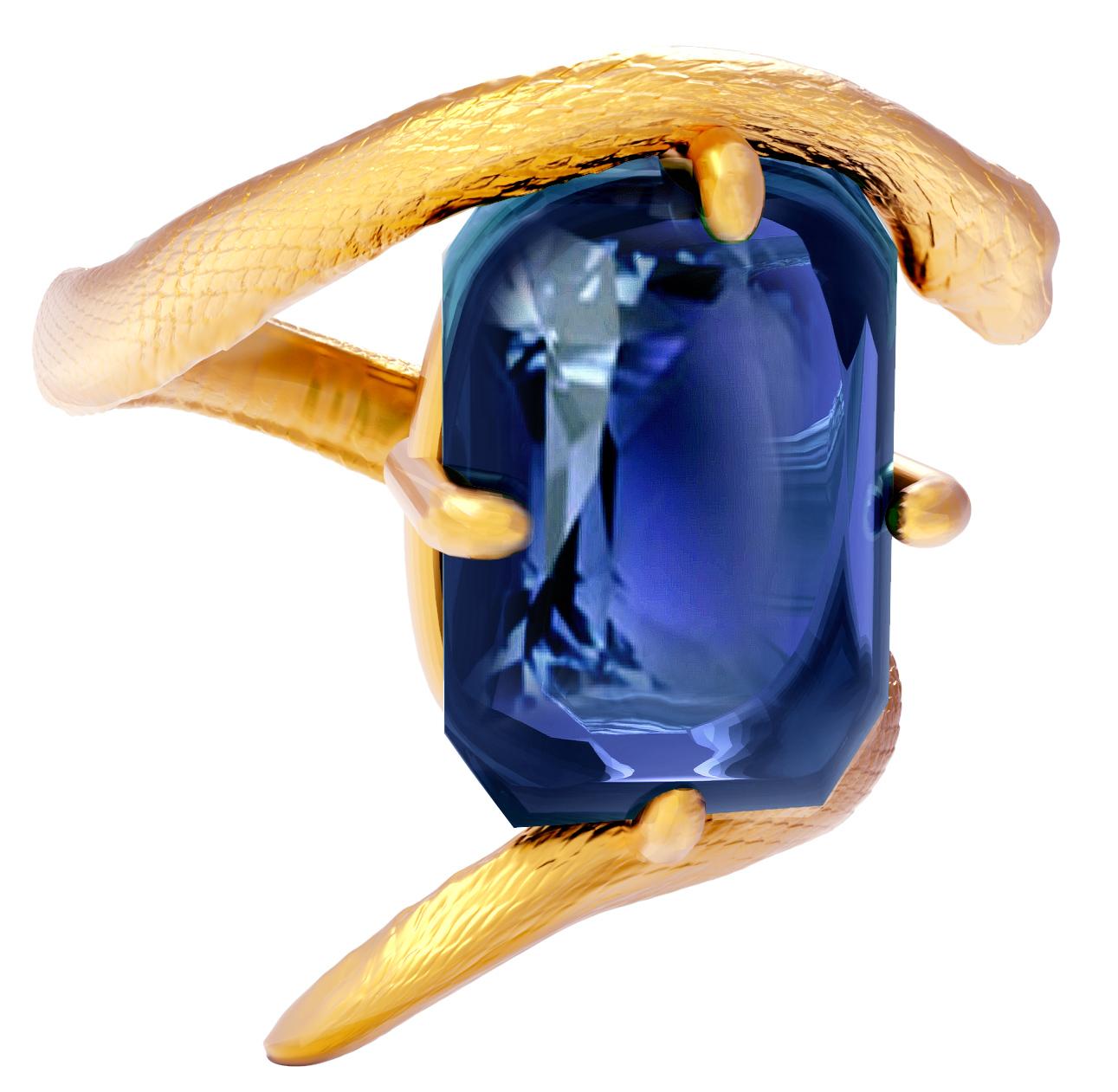 Yellow Gold Egyptian Revival Ring with Natural FGL Cert. 7, 54 Cts Blue Sapphire For Sale 2