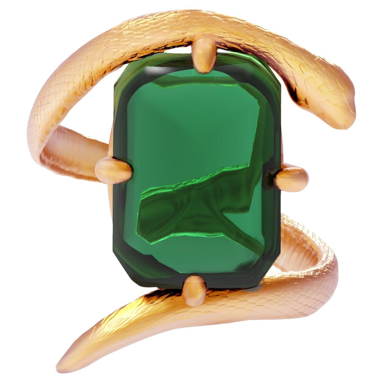 Yellow Gold Egyptian Revival Fashion Ring with Natural Green Tourmaline For Sale