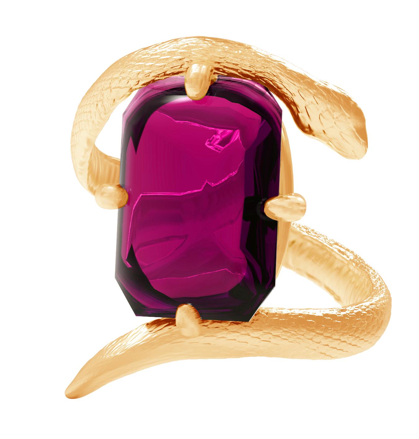 This contemporary engagement ring is in 18 karat yellow gold with natural raspberry tourmaline, 4.28 carats, 105x82mm. It belongs to Mesopotamian collection. This ring will be custom made in any size. This piece can be personally signed for the same