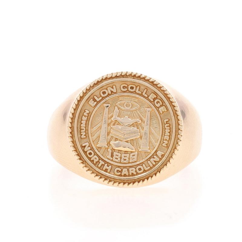 Size: 6 1/4
Sizing Fee: Up 3 sizes for $40 or Down 2 sizes for $30

Brand: Jostens
School: Elon College

Metal Content: 14k Yellow Gold

Style: Signet
Features: Etched & Milgrain Detailing

Measurements

Face Height (north to south): 9/16