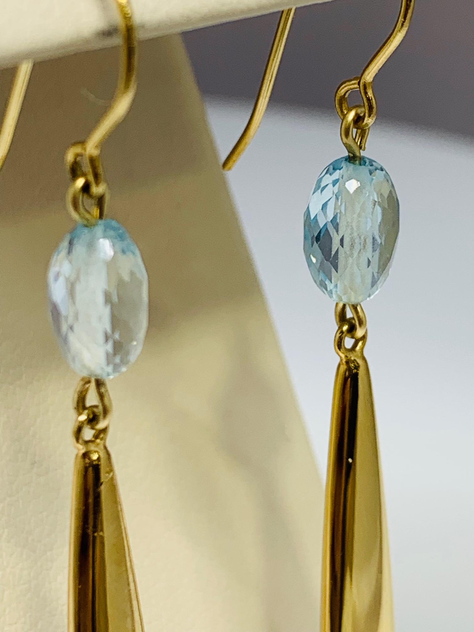 Contemporary Yellow Gold Elongated Oval Blue Topaz Drop Earrings For Sale