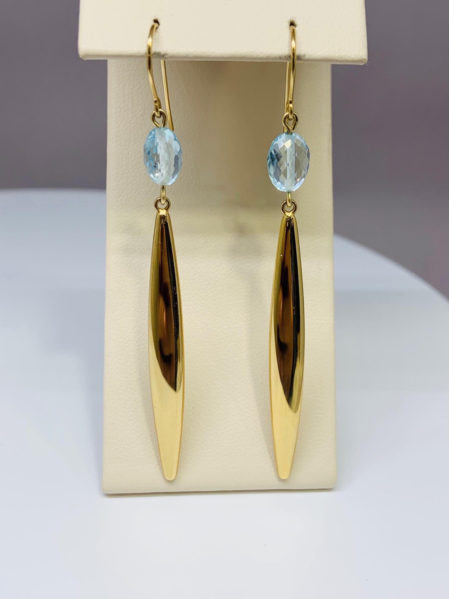 Yellow Gold Elongated Oval Blue Topaz Drop Earrings In New Condition For Sale In Gainesville , FL