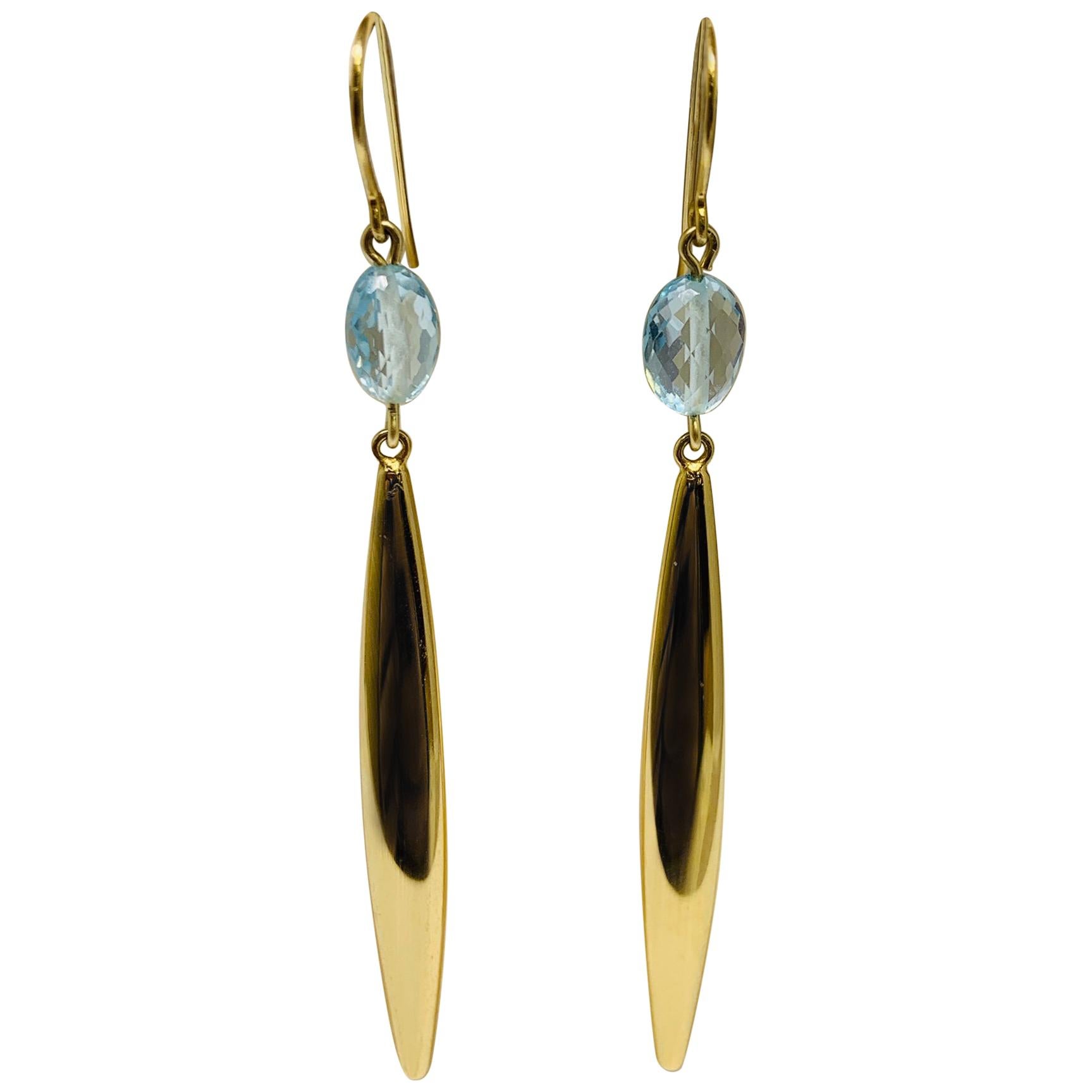 Yellow Gold Elongated Oval Blue Topaz Drop Earrings For Sale