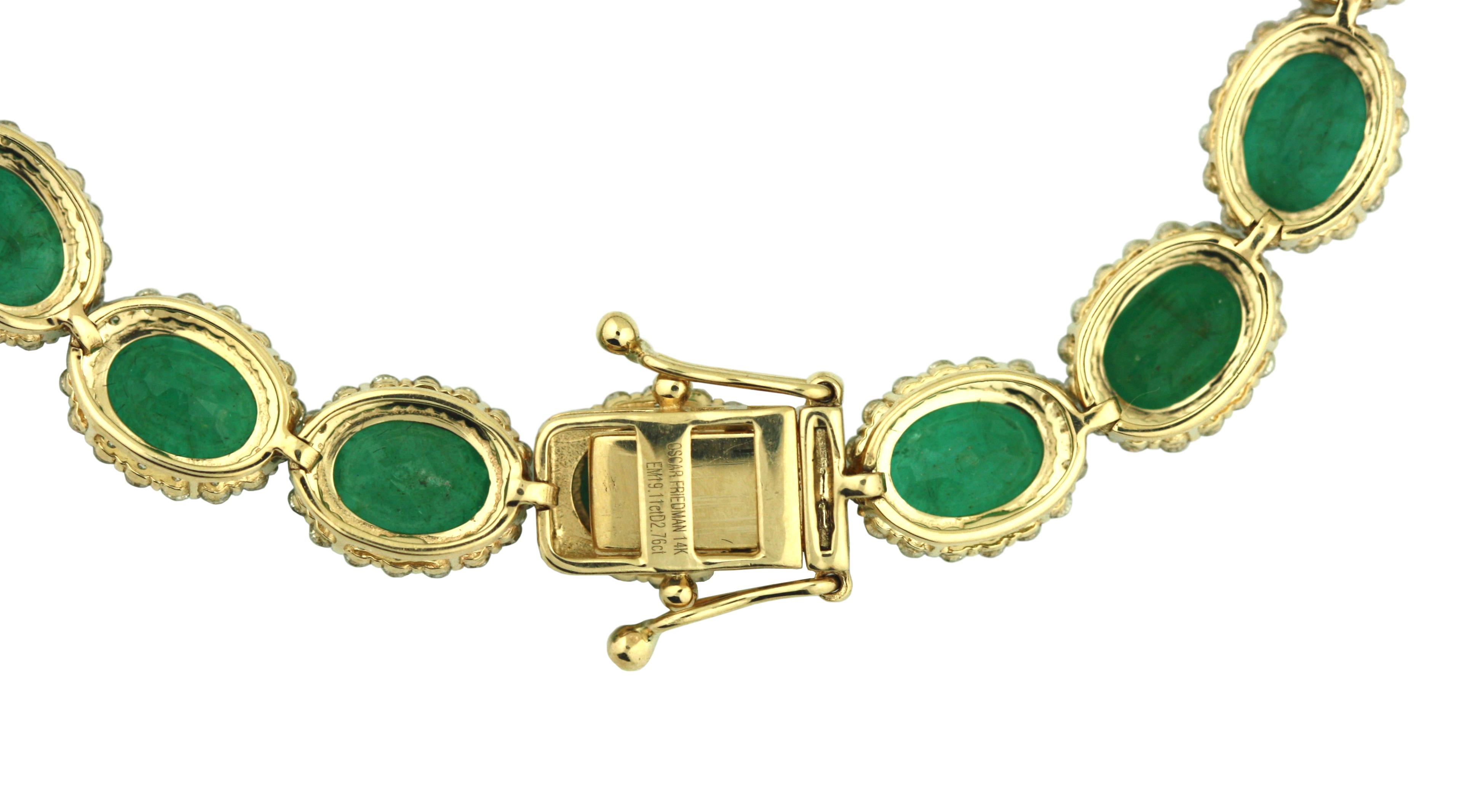 
Yellow Gold Emerald and Diamond bracelet
Featuring 17 oval-shaped natural emeralds
Weighing approximately 19.11 carats
Each emerald within a surround of round, brilliant cut diamonds
Weighing approximately 2.76 carats
Set in 14 karat yellow