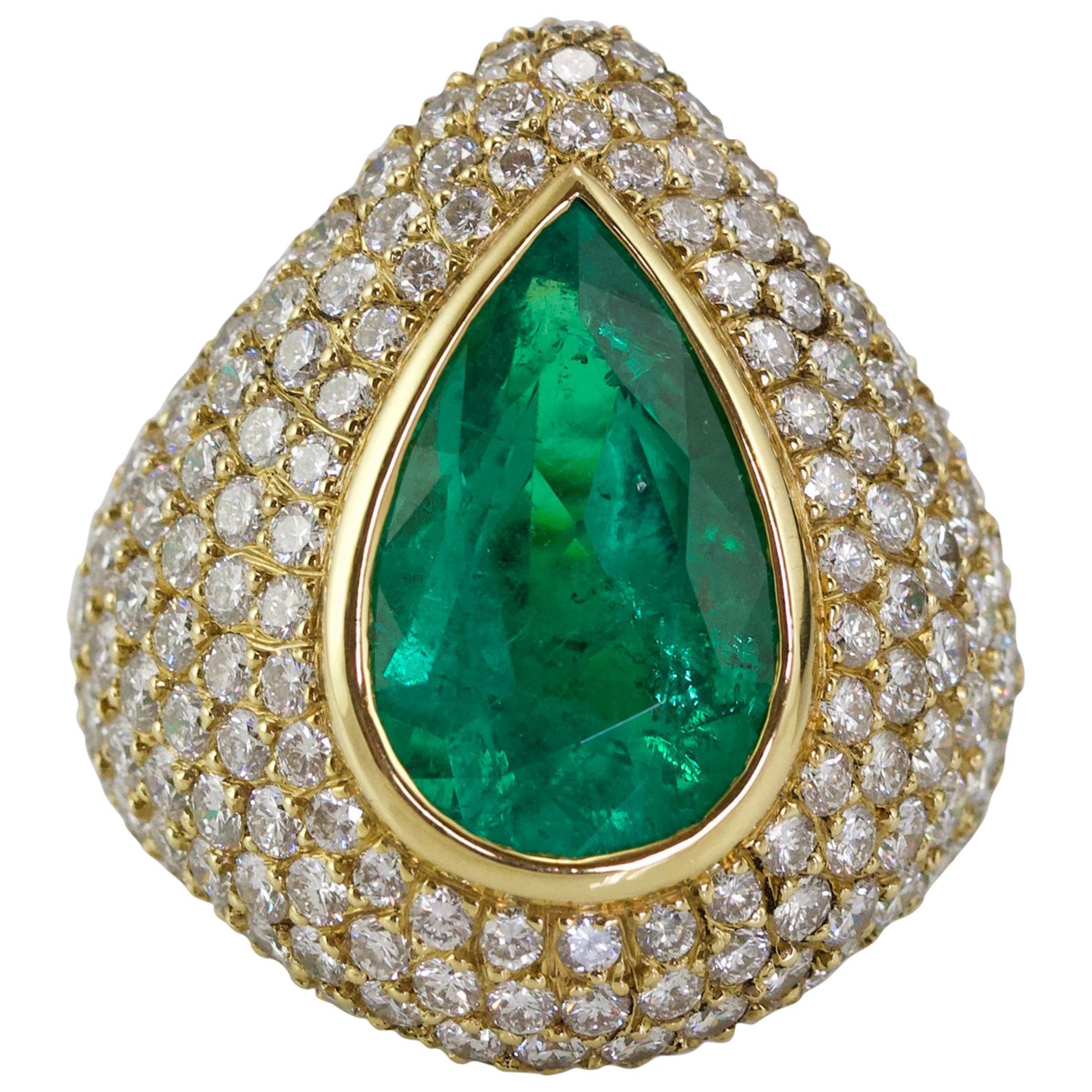 Yellow Gold Emerald and Diamond Cocktail Ring For Sale