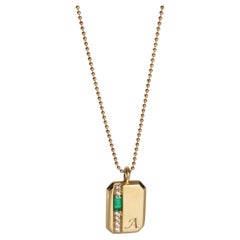 Yellow Gold Emerald and Diamond Mini Tag Pendant With Initial A Pendant