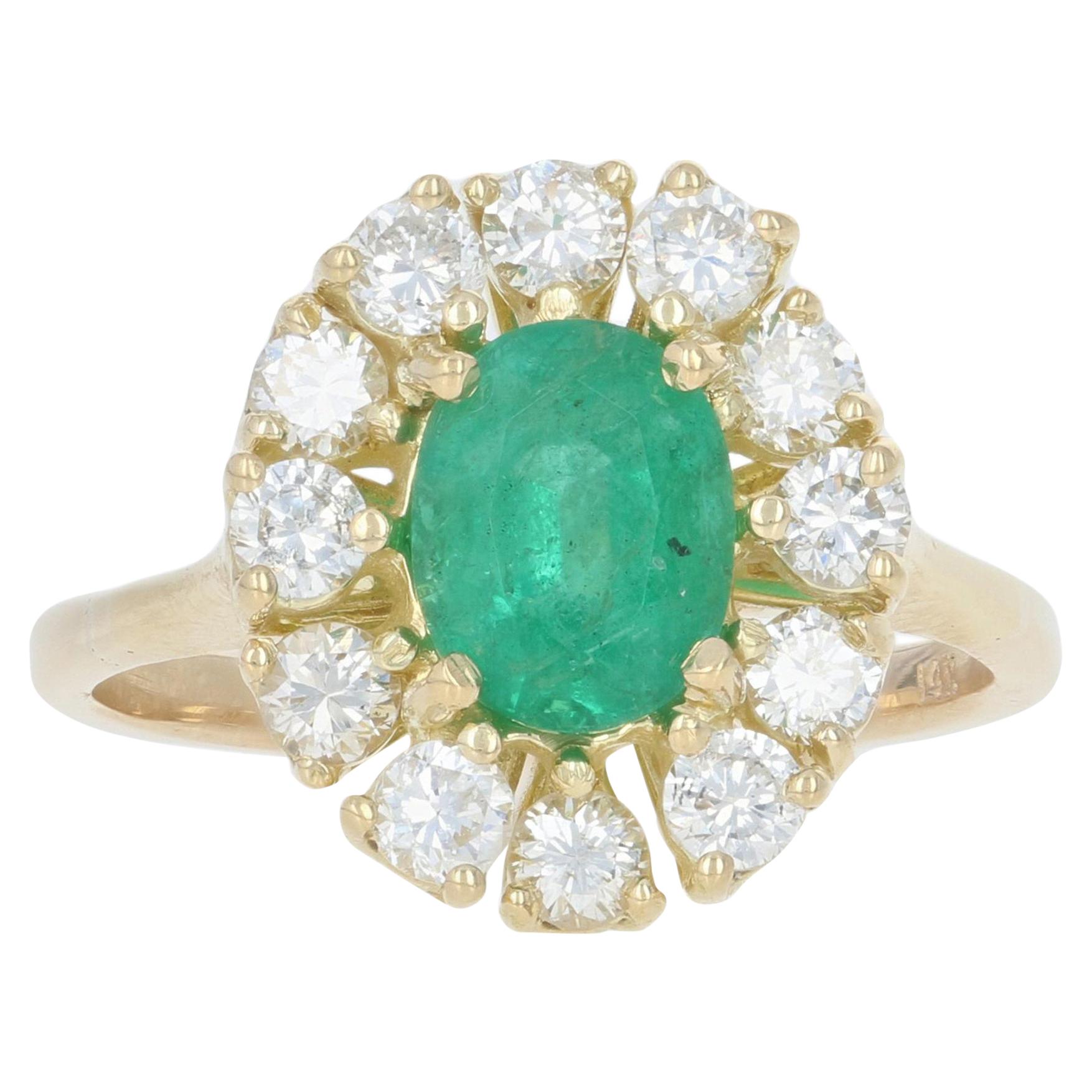 Yellow Gold Emerald and Diamond Ring, 14 Karat Oval Cut 1.86 Carat Halo
