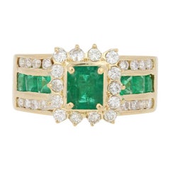 Yellow Gold Emerald and Diamond Ring, 14 Karat Rectangle Cut 2.27 Carat Halo