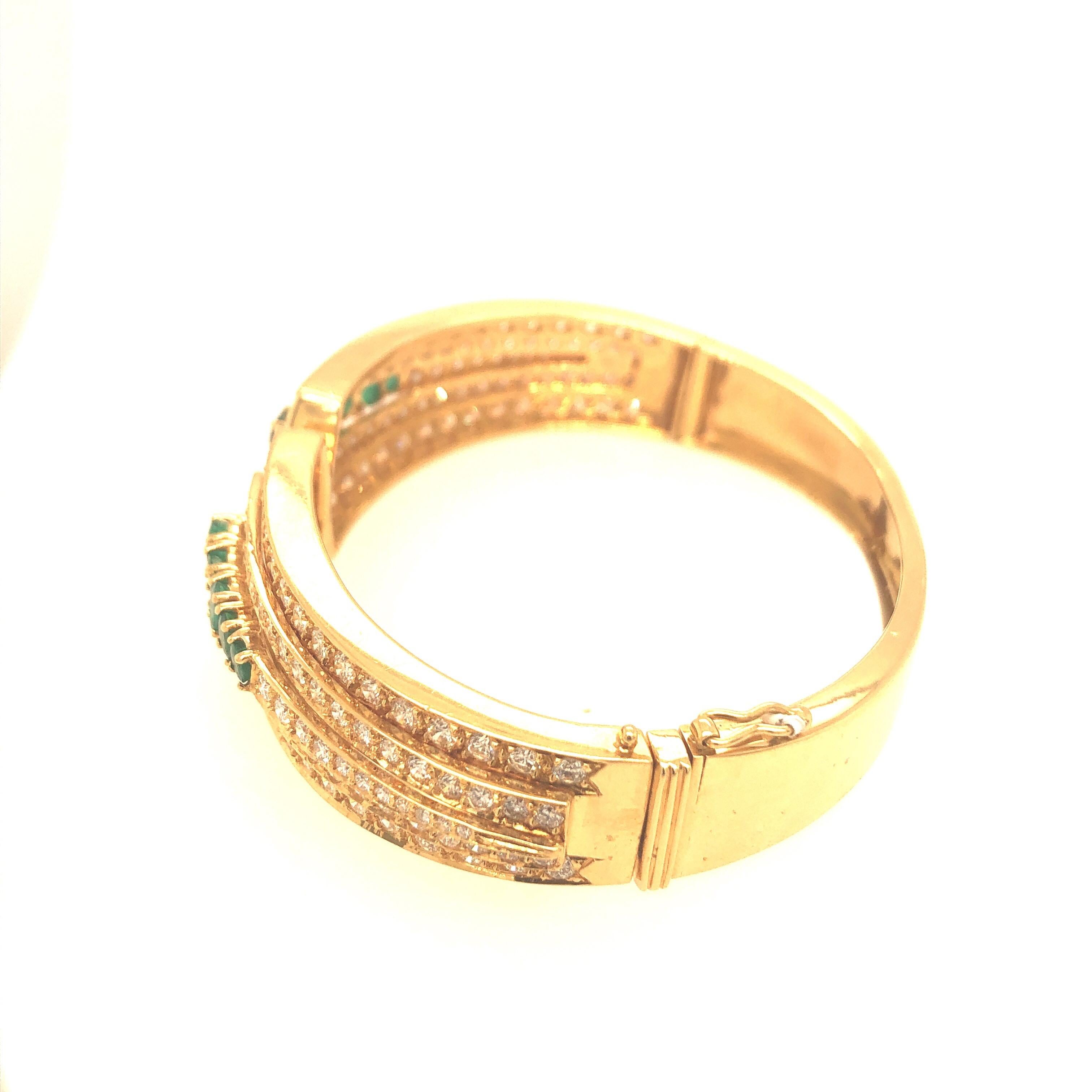 Yellow Gold Emerald and Pave Diamond Bangle Bracelet 5