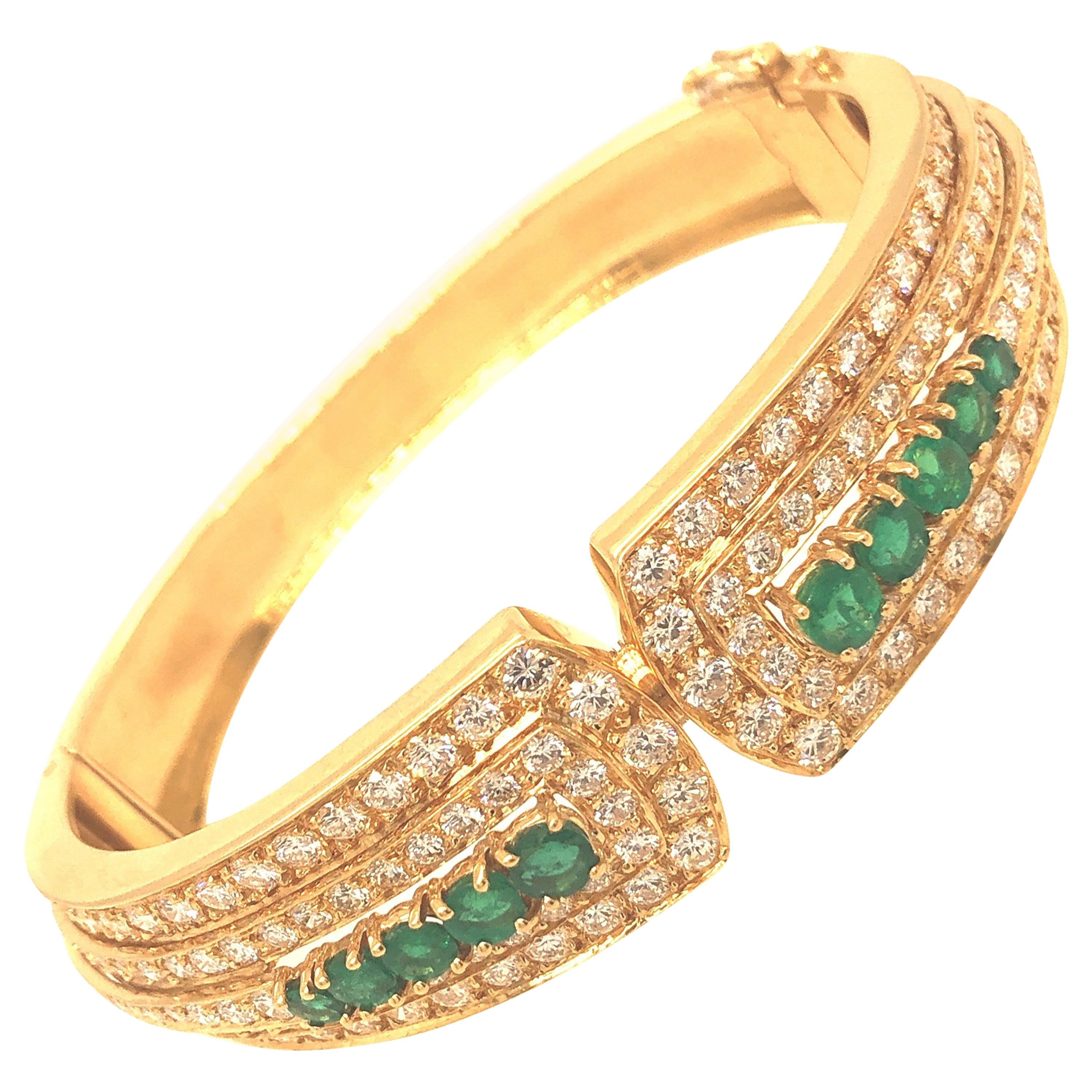 Yellow Gold Emerald and Pave Diamond Bangle Bracelet