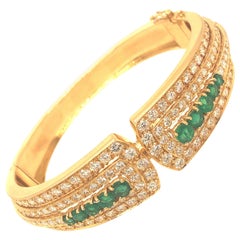 Vintage Yellow Gold Emerald and Pave Diamond Bangle Bracelet