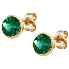 Yellow Gold Emerald Bezel Set Stud Earrings 1.30 Carats