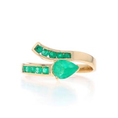 Yellow Gold Emerald Bypass Ring - 18k Pear & Round .83ctw Sz 9
