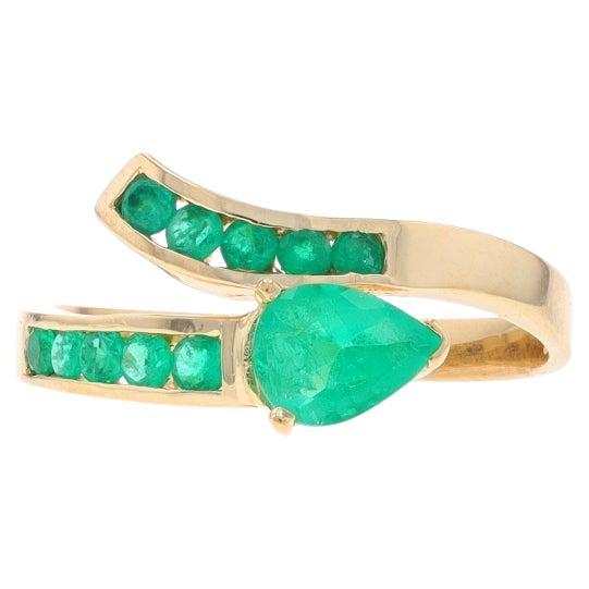 Yellow Gold Emerald Bypass Ring - 18k Pear & Round .83ctw Sz 9
