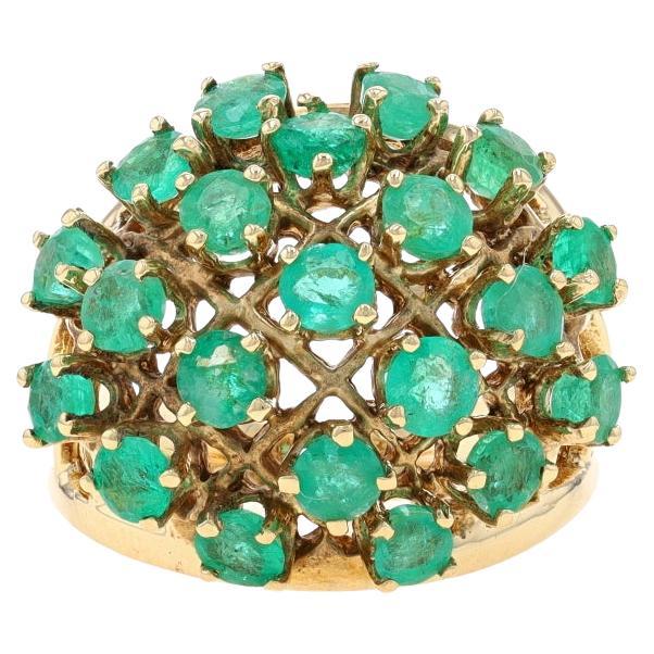 Yellow Gold Emerald Cluster Cocktail Dome Ring - 14k Round 2.55ctw Latticework For Sale