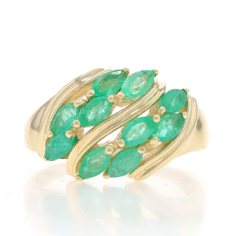Size: 8 1/2
Sizing Fee: Up 1 size for $35 or Down 1 1/2 sizes for $35

Metal Content: 10k Yellow Gold

Stone Information

Natural Emeralds
Treatment: Oiling
Carat(s): .60ctw
Cut: Marquise
Color: Green

Total Carats: .60ctw

Style: Cluster